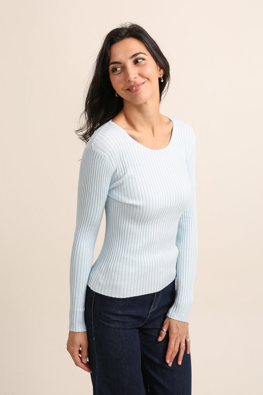 Pull col rond en maille côtelée