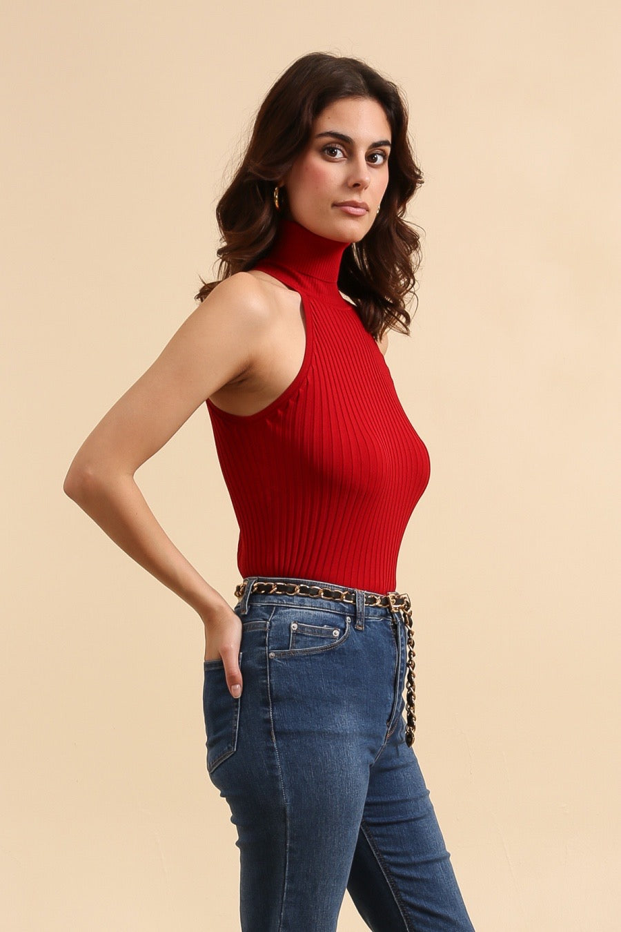 Top débardeur col roulé en maille côtelée