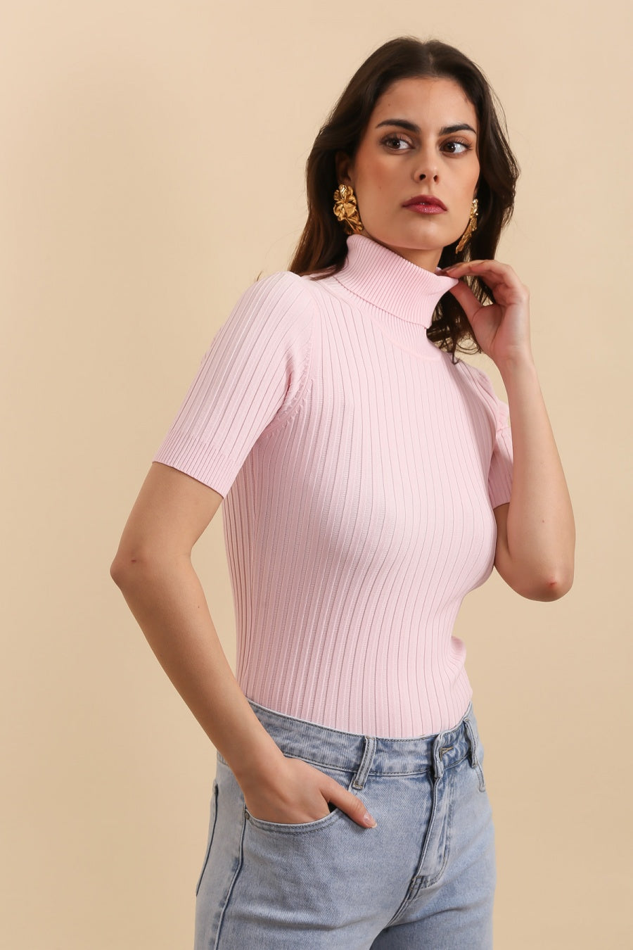 Top col roulé en maille côtelée