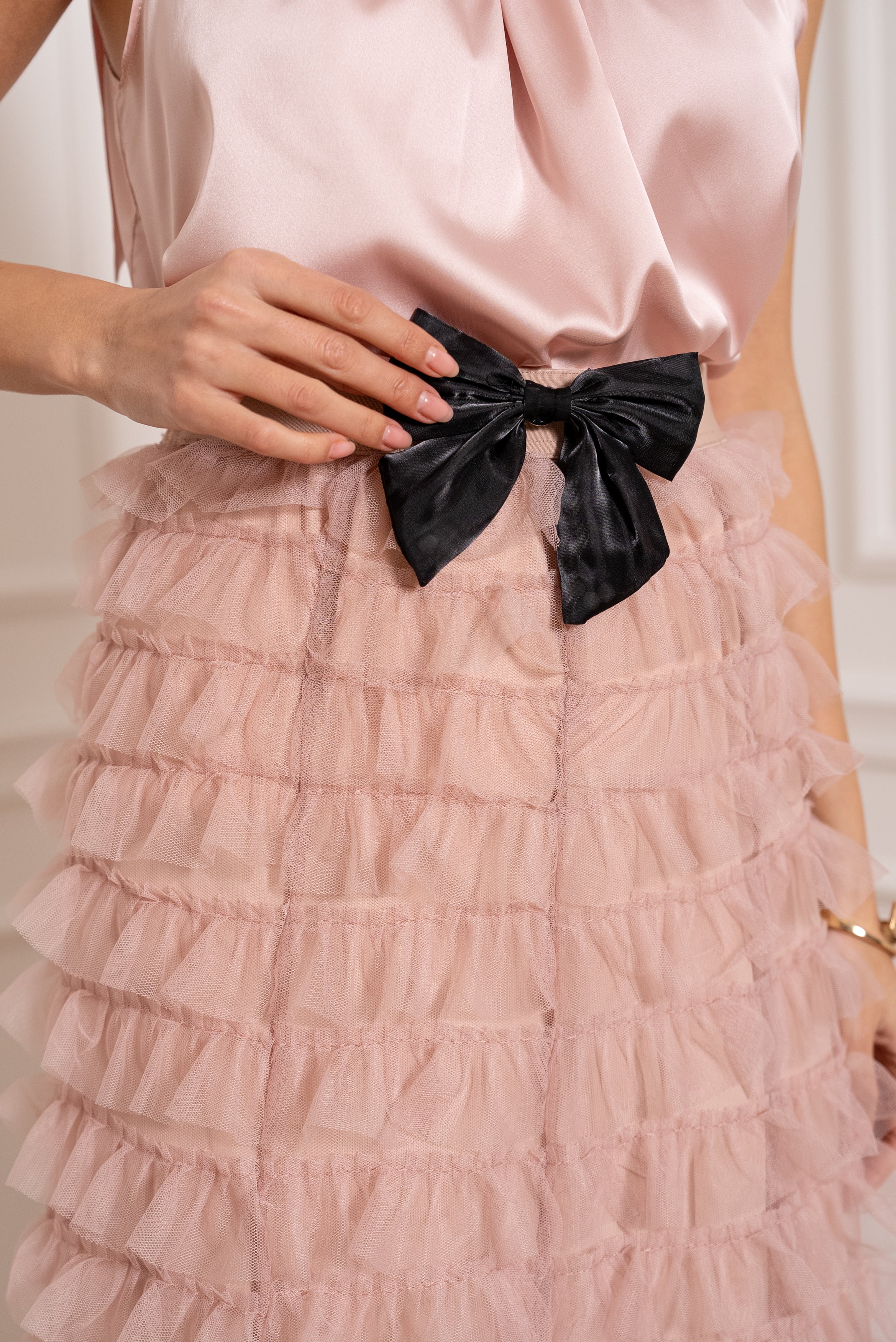 Long tulle skirt with gathers and ruffles