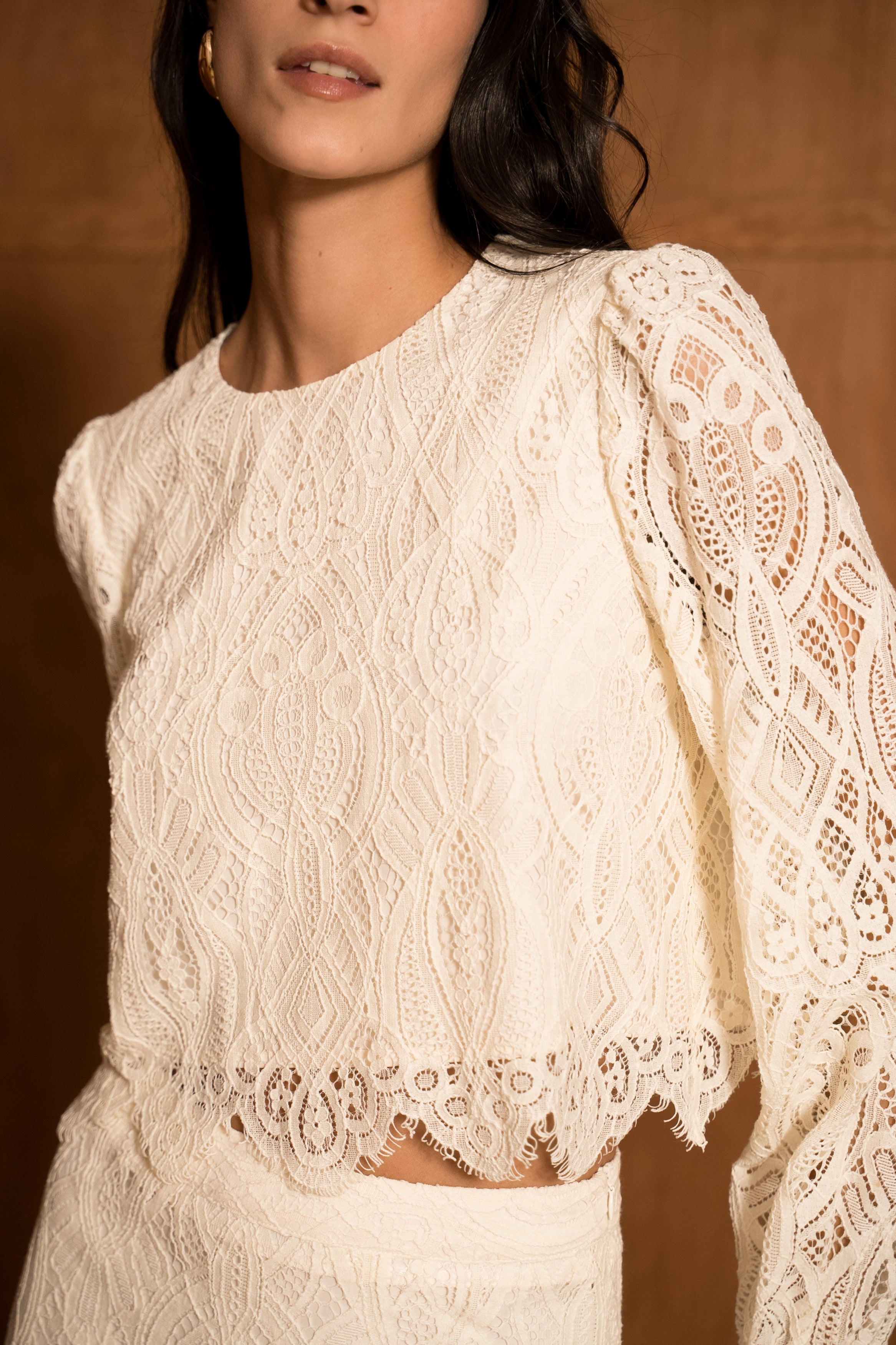 Bi-material velvet blouse & lace sleeves