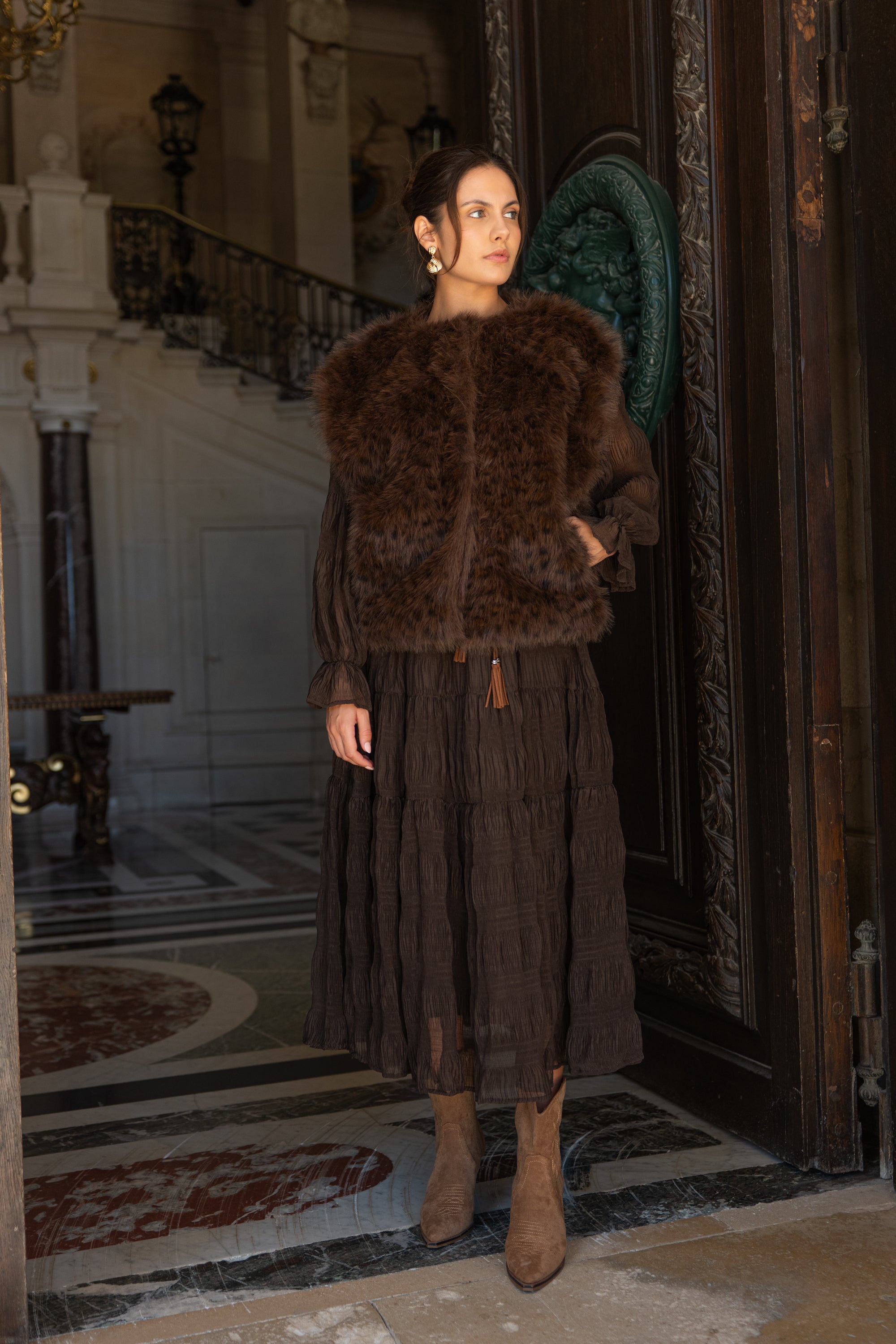 Veste Barbara sans manches en fausse fourrure Léopard