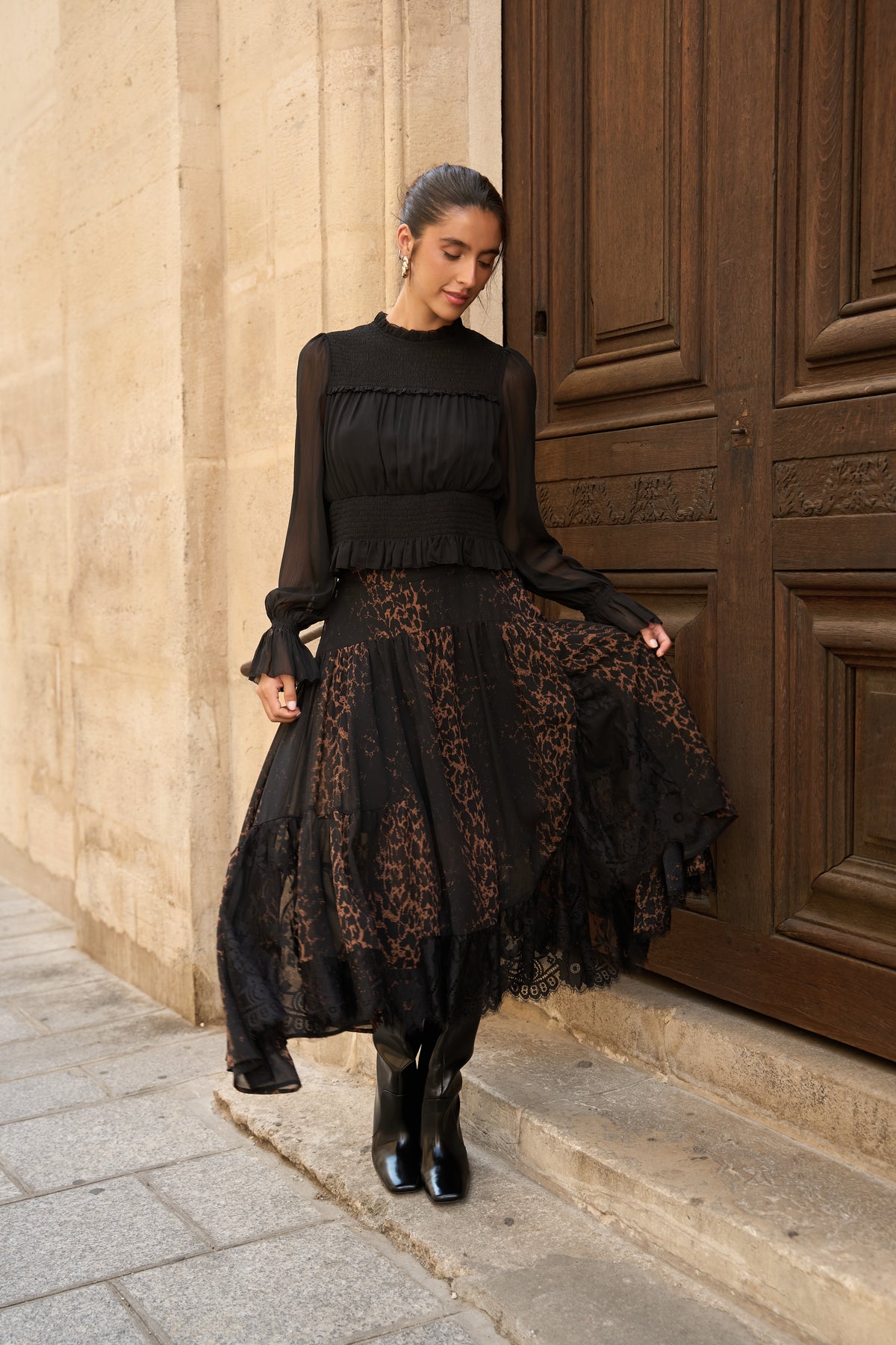 Jupe Megan léopard & dentelle asymétrique