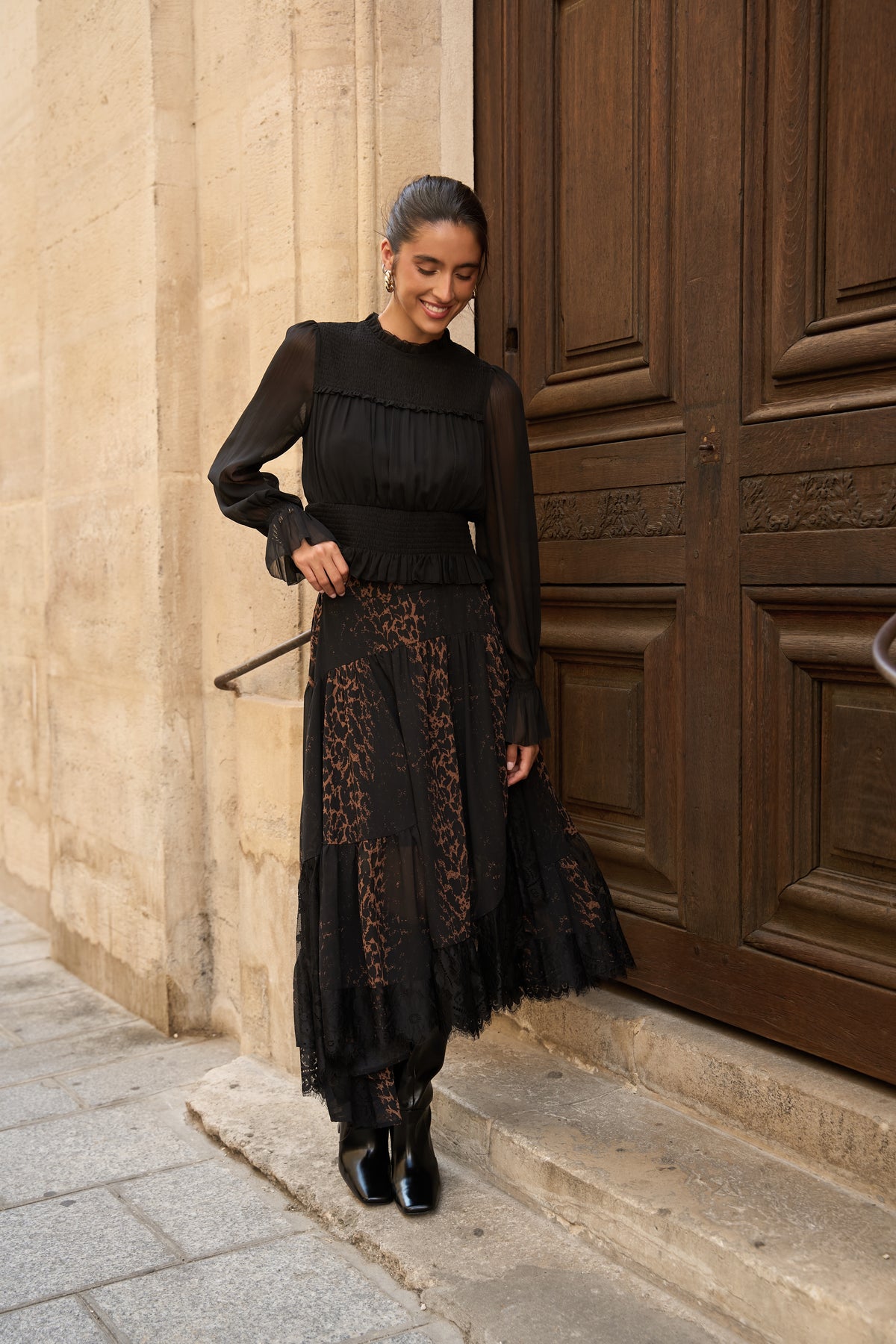 Jupe Megan léopard & dentelle asymétrique