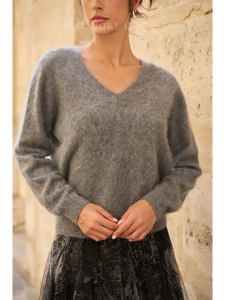 Pull cachemire & laine brossé col V