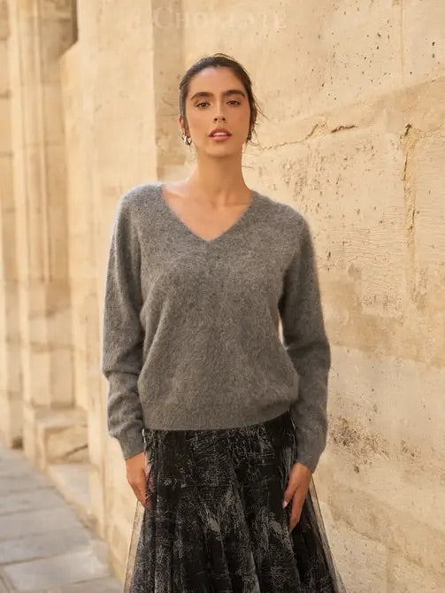 Pull cachemire & laine brossé col V