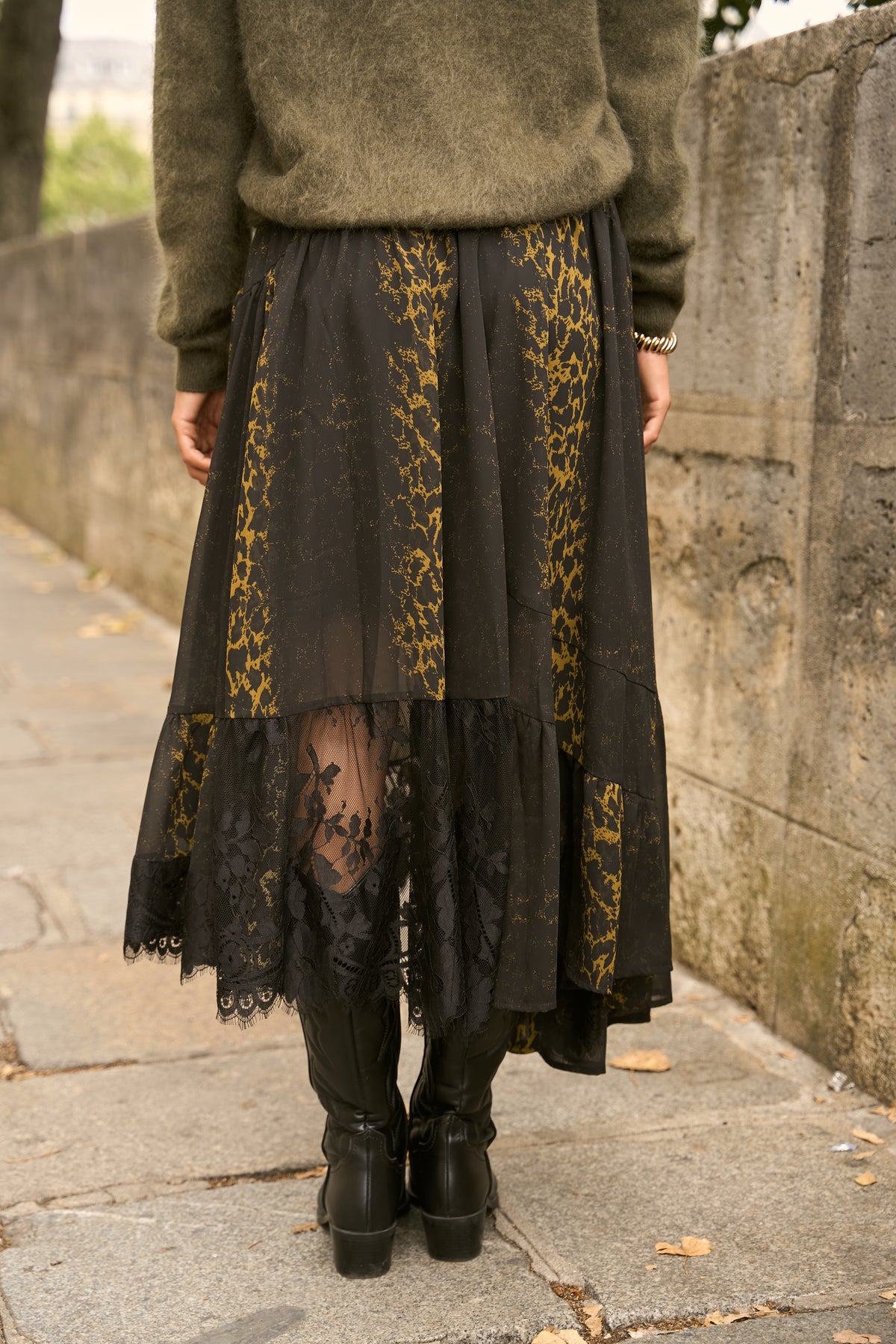 Jupe Megan léopard & dentelle asymétrique