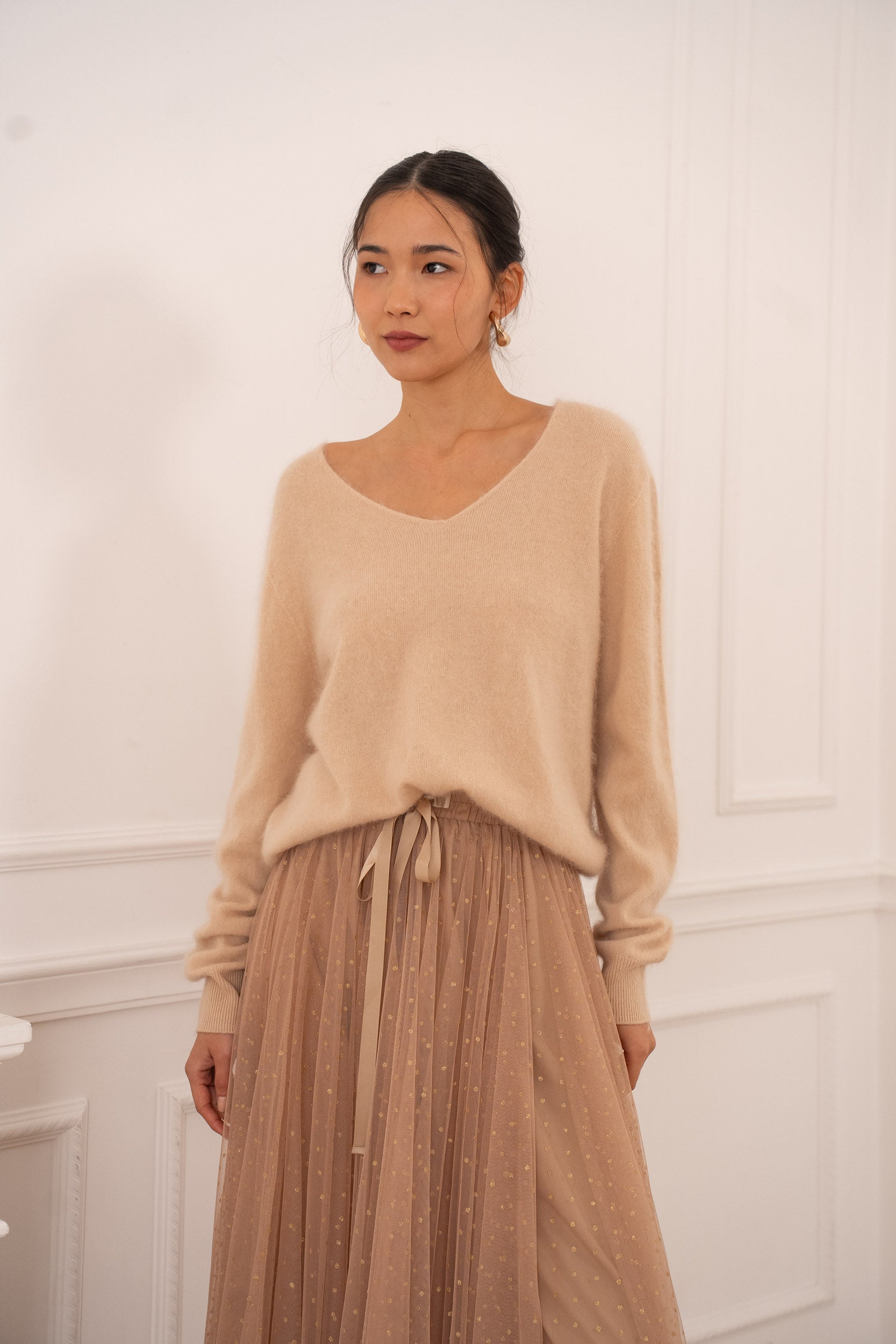 Pull cachemire & laine brossé col V