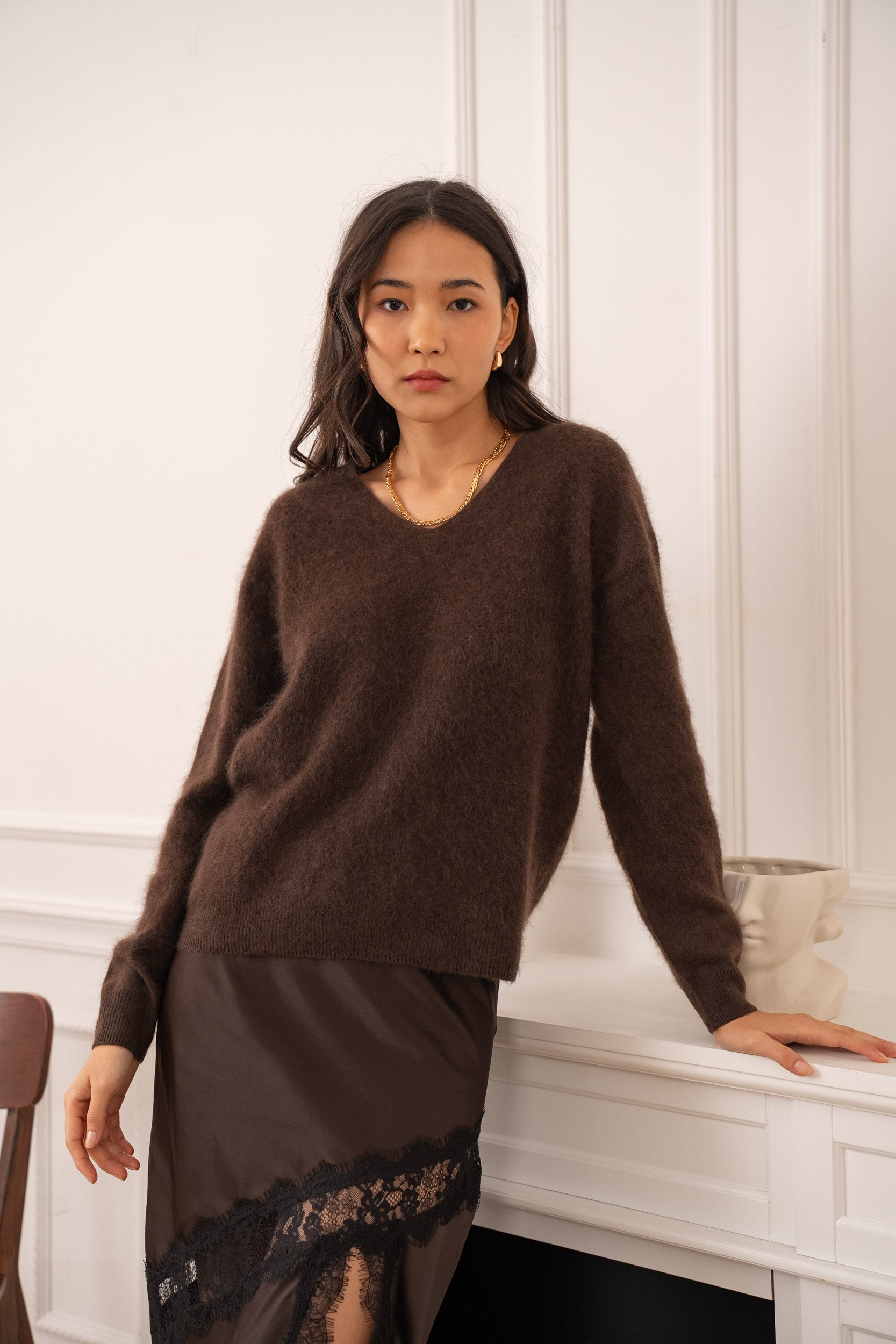 Pull cachemire & laine brossé col V