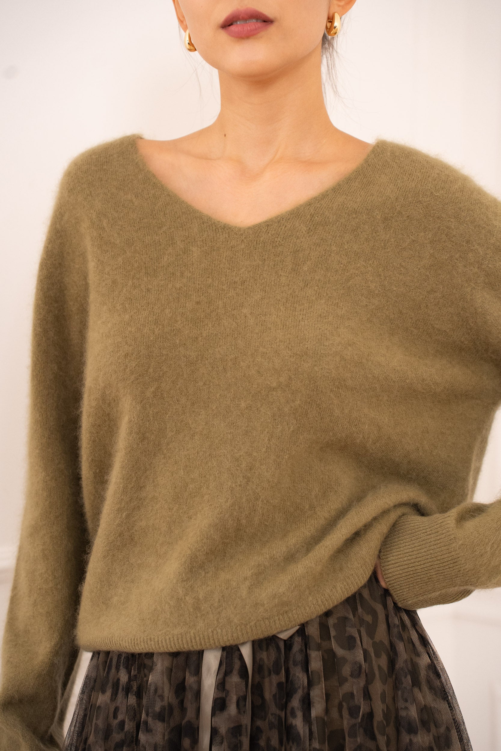 Pull cachemire & laine brossé col V