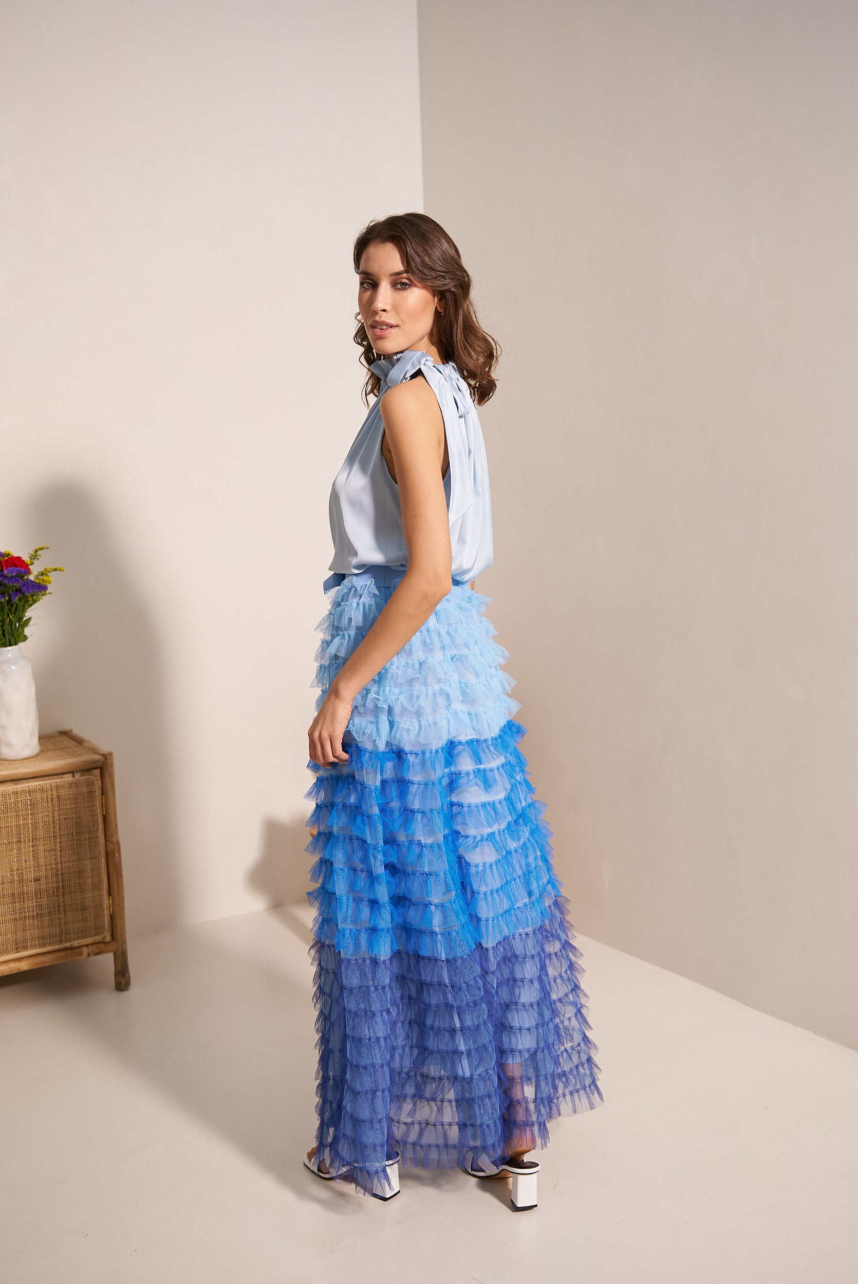 Long tulle skirt with gathers and ruffles