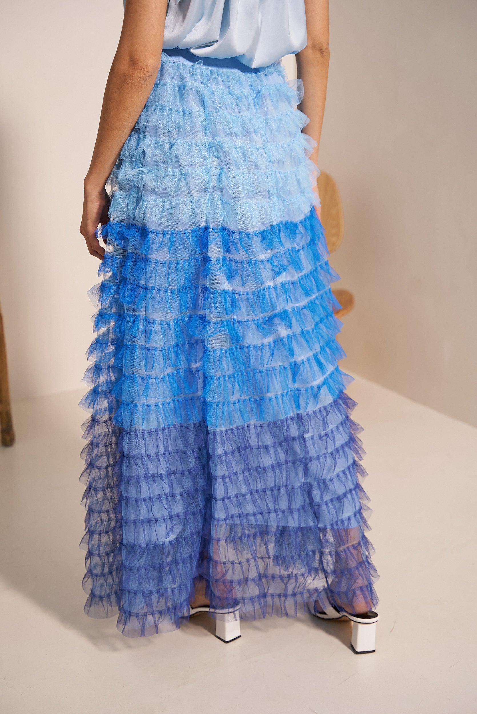 Long tulle skirt with gathers and ruffles