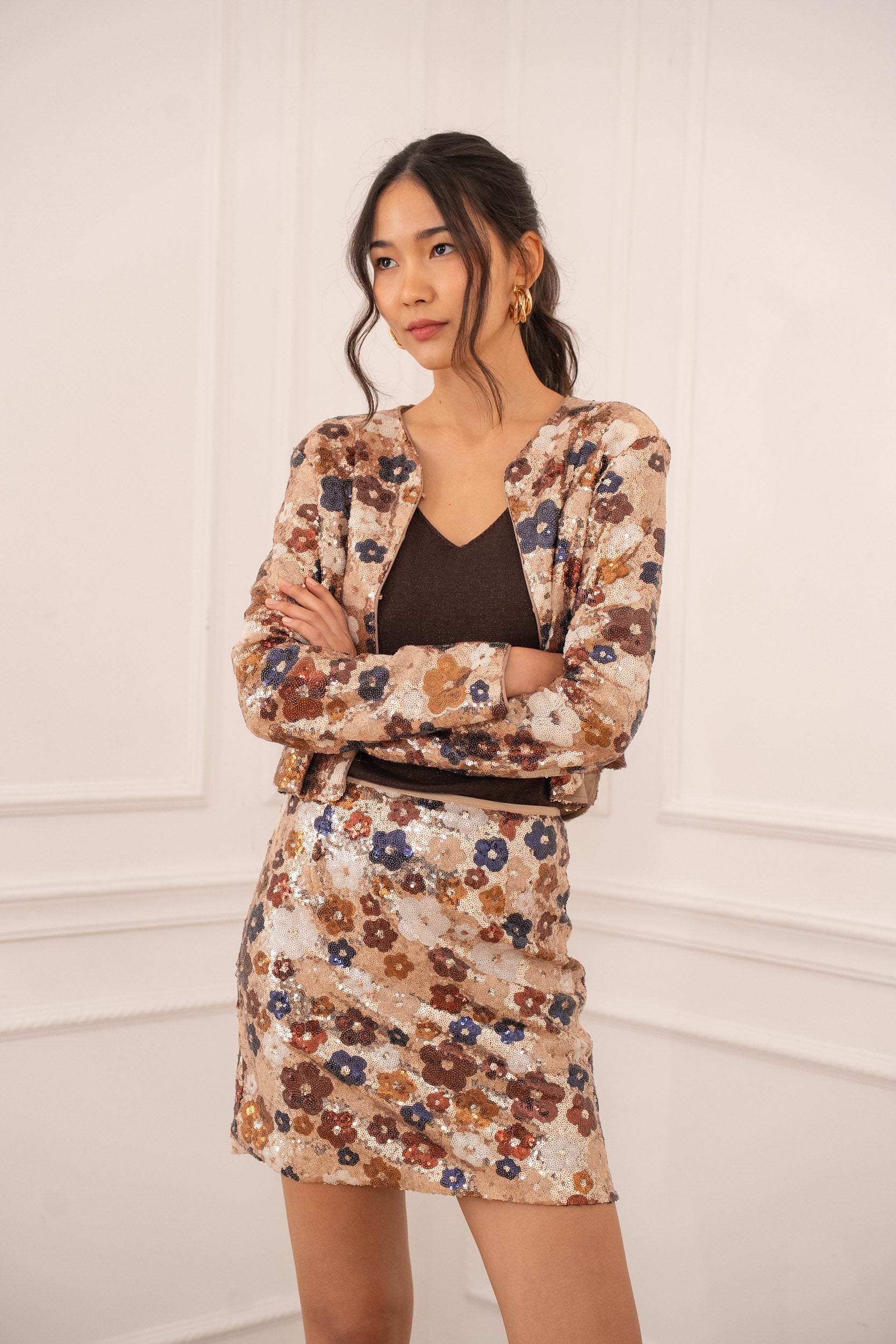 Veste sequins motifs floraux multicolores Rosé