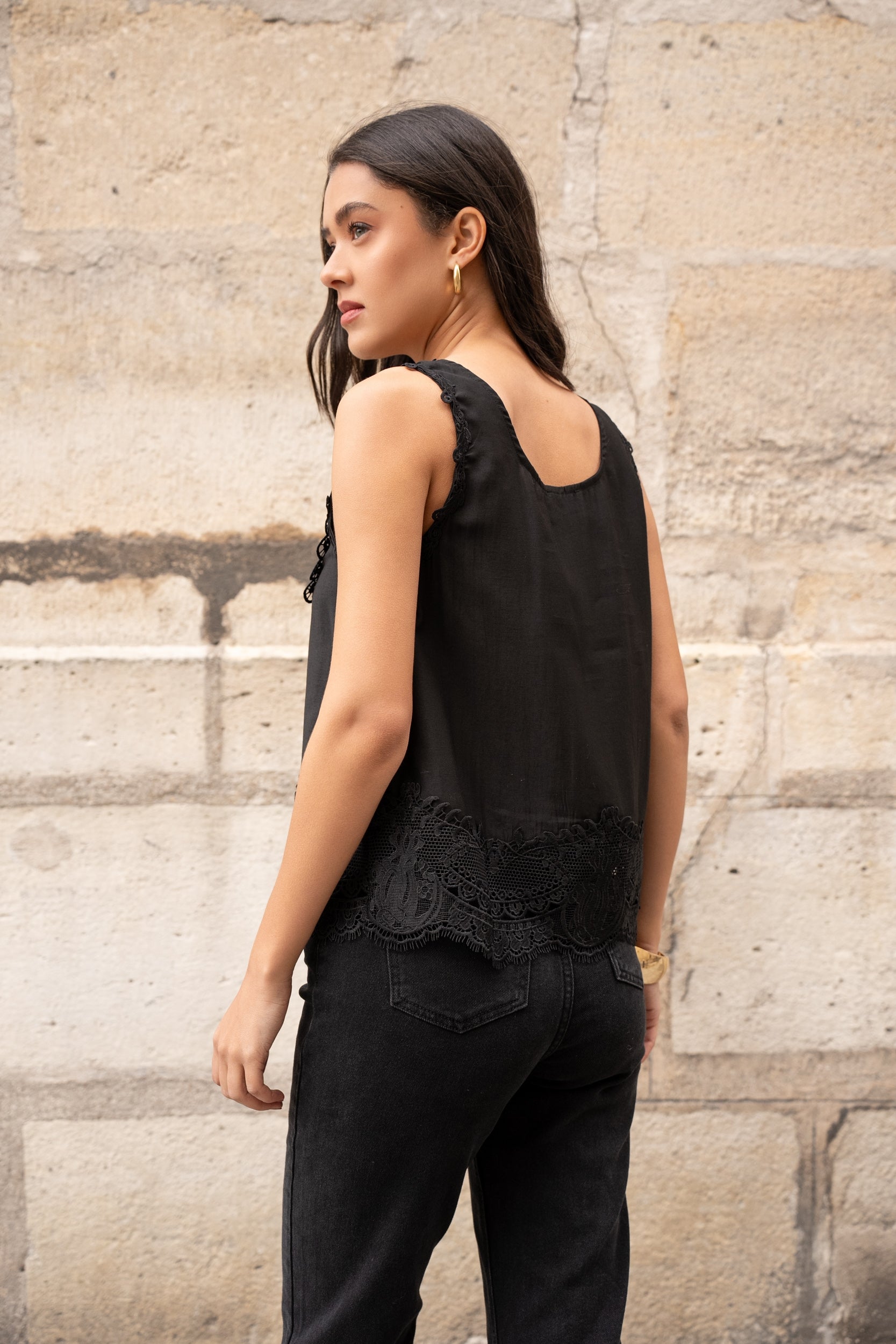 Top Faustine débardeur empiècement en dentelle