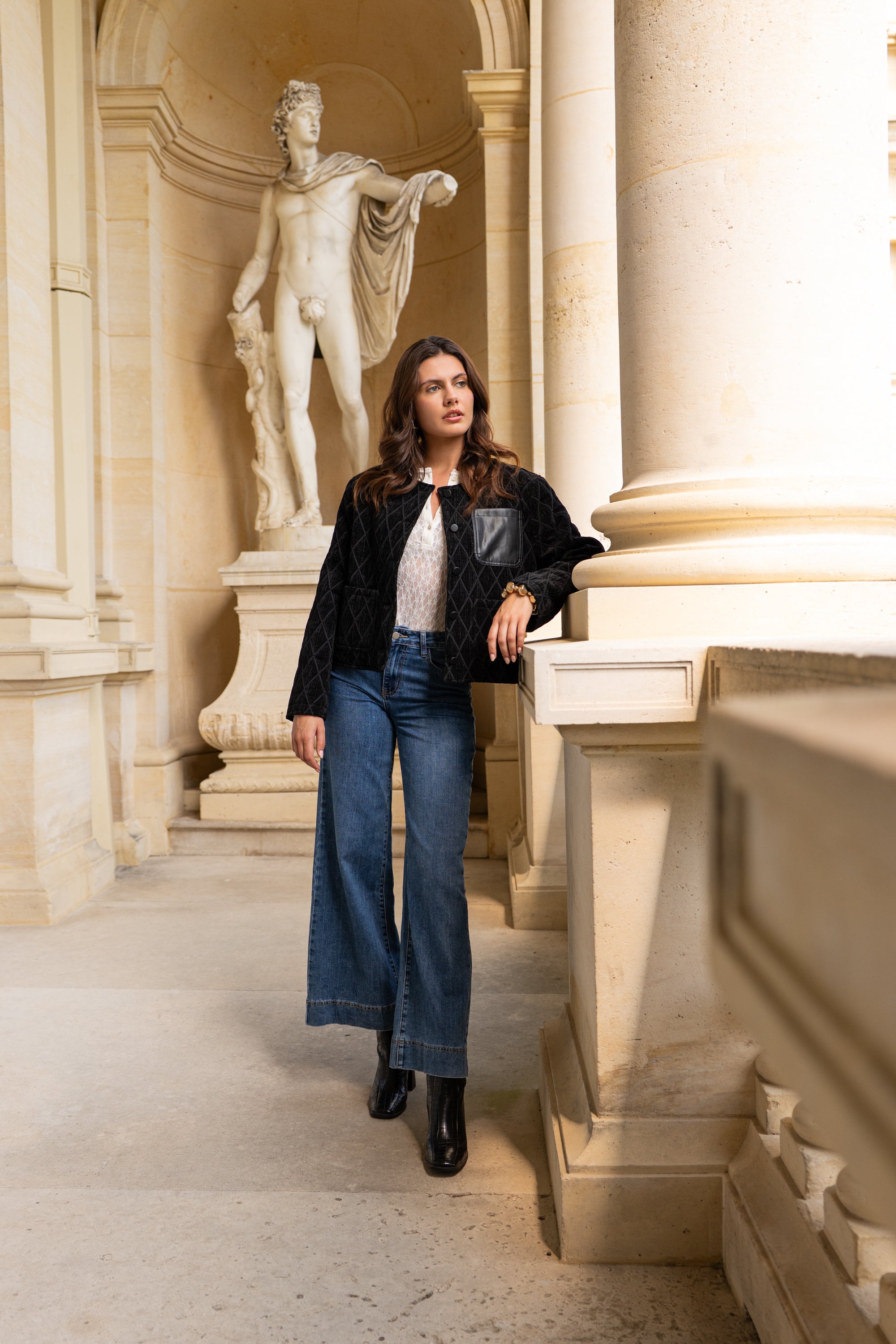 Veste Anouk en velours matelassé poche en cuir