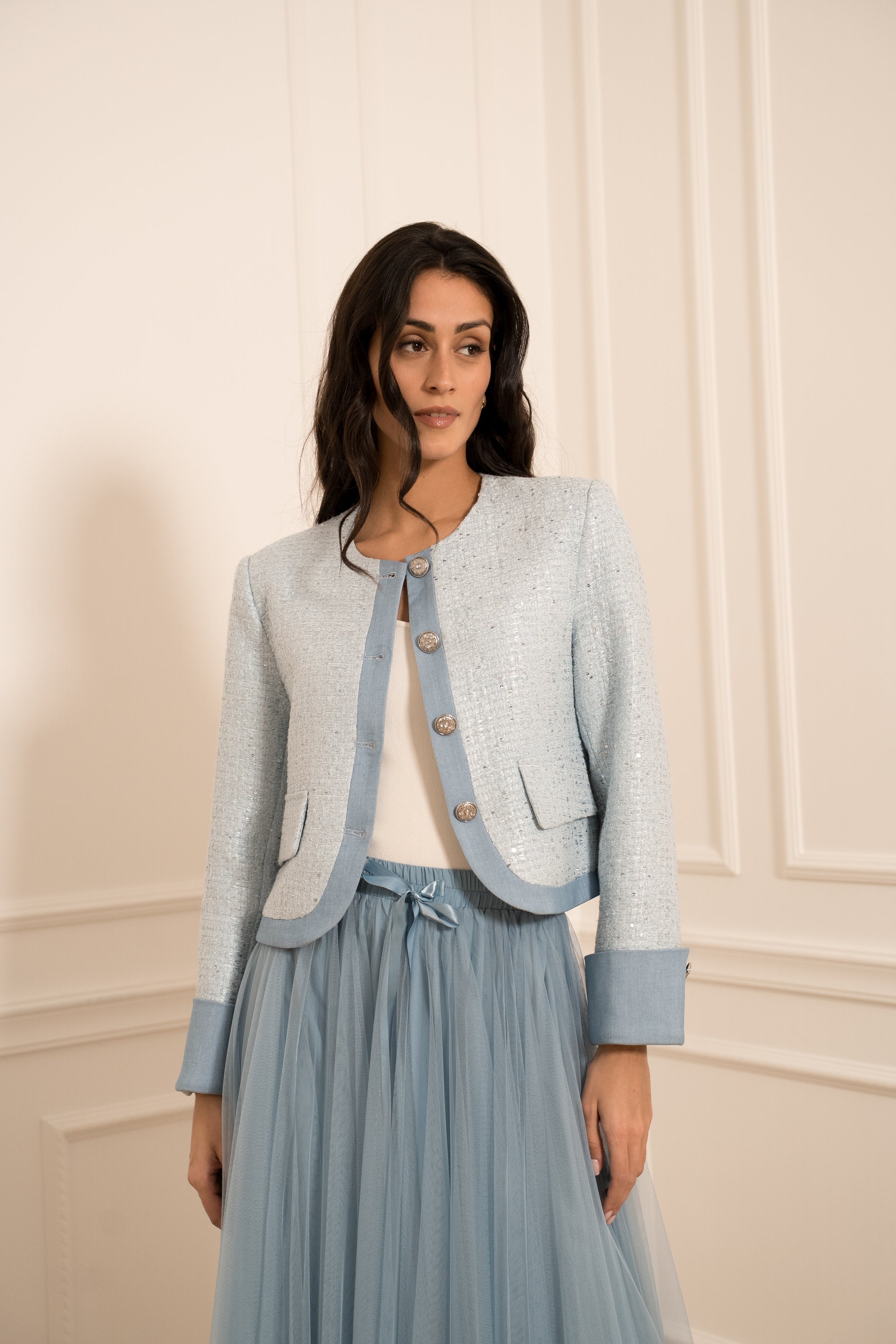 Veste col rond tweed & denim