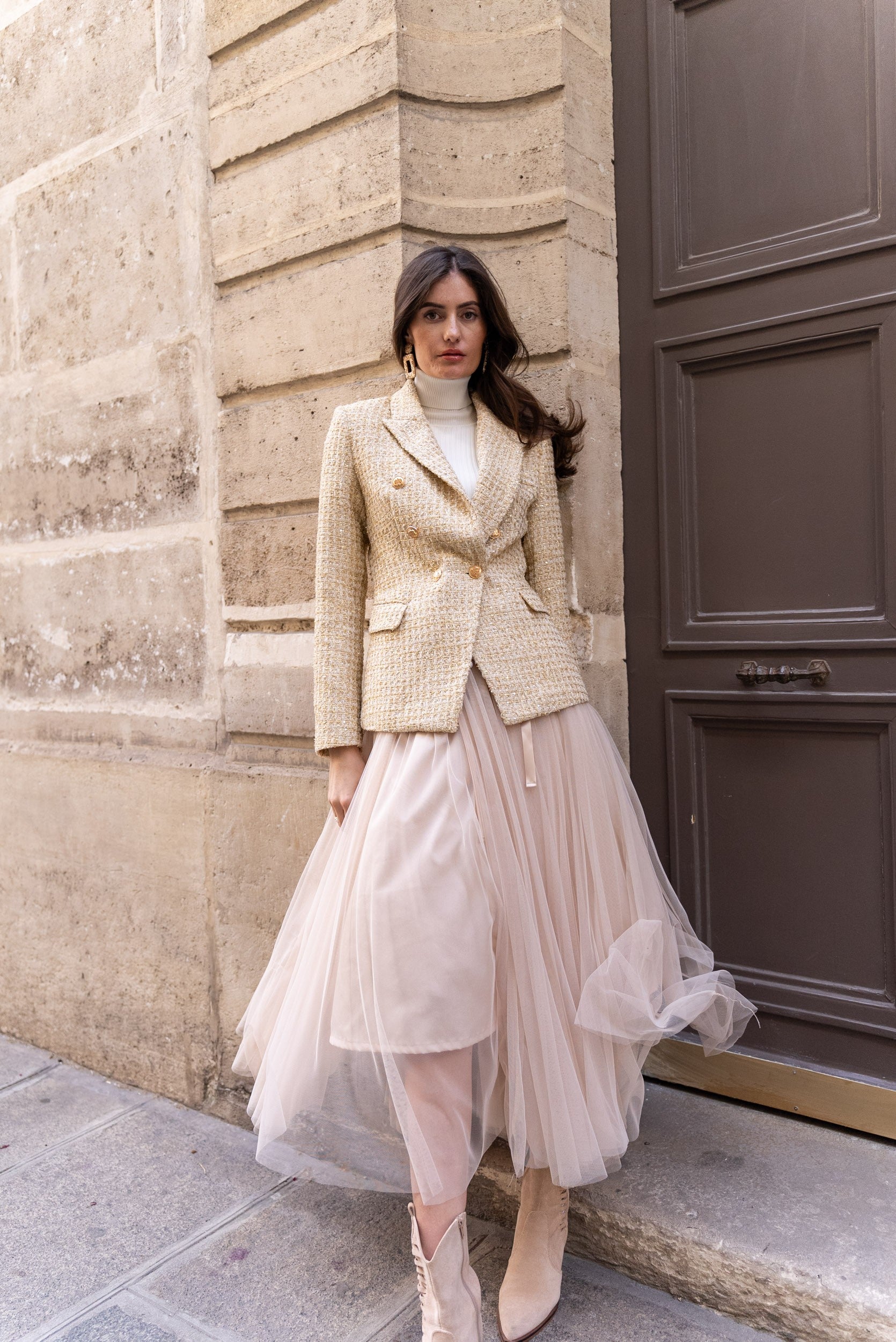 Veste blazer croisée en tweed doré & sequins