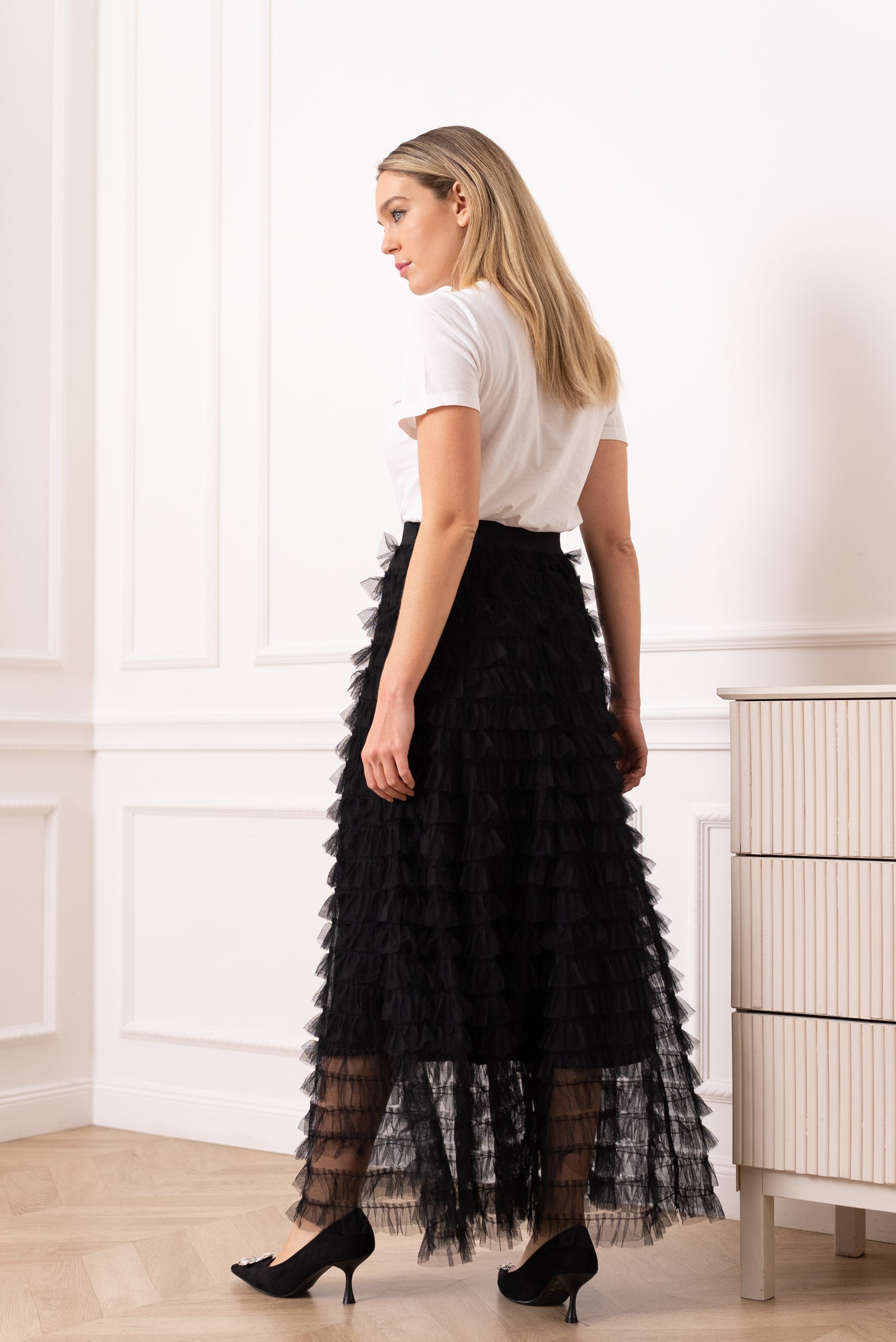 Long tulle skirt with gathers and ruffles