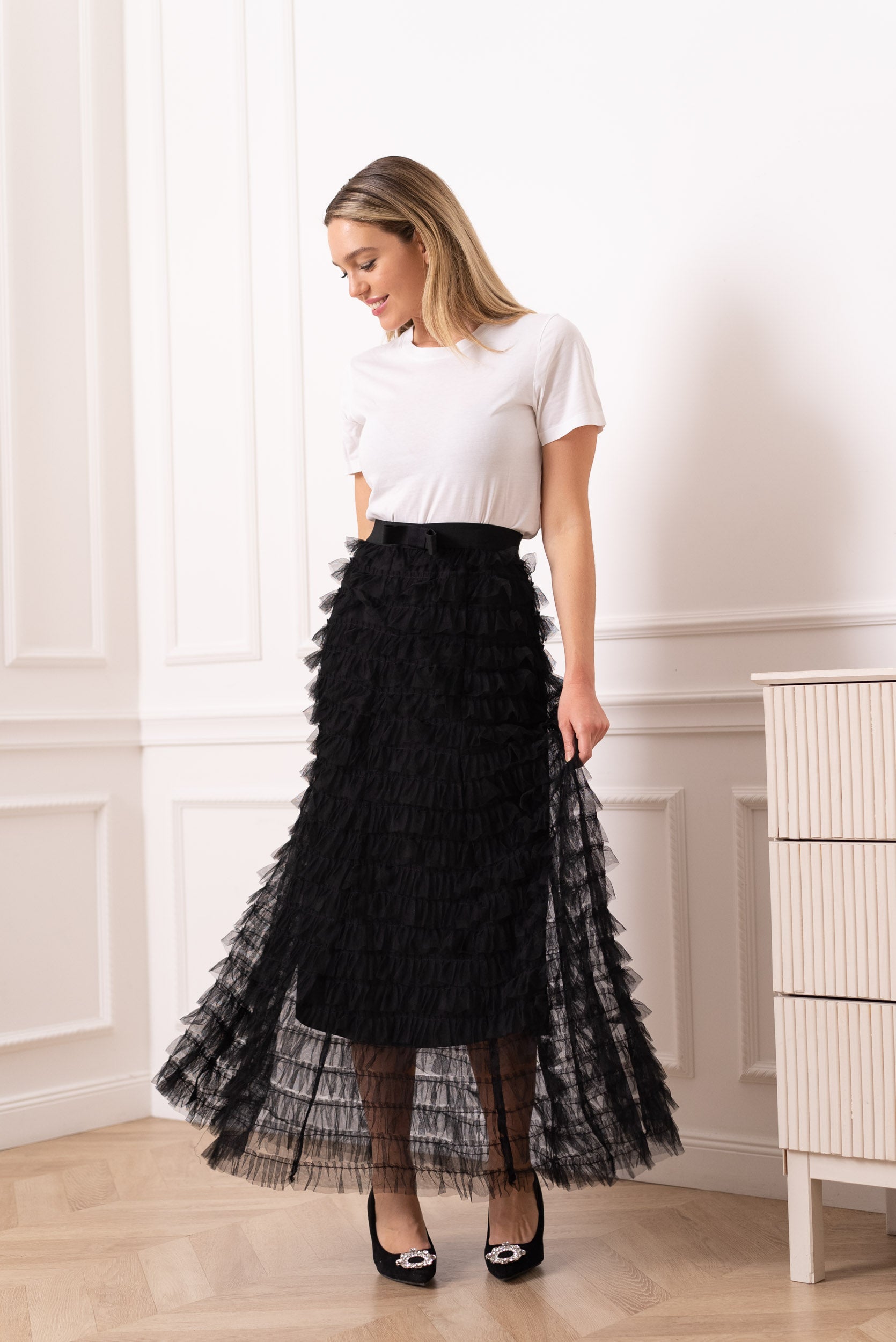 Long tulle skirt with gathers and ruffles