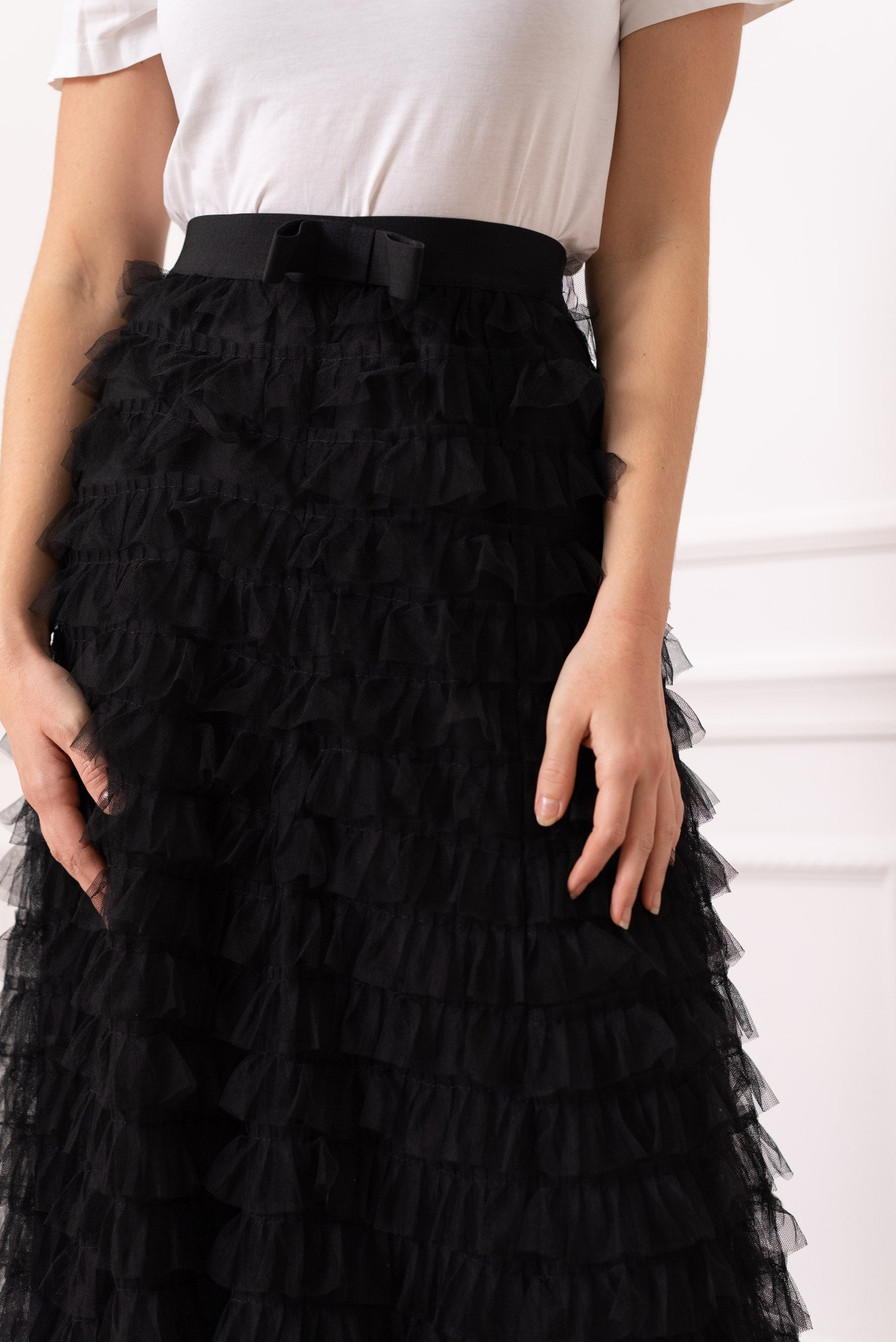 Long tulle skirt with gathers and ruffles