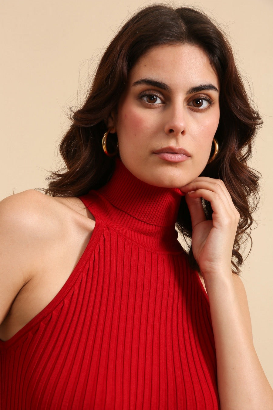 Top débardeur col roulé en maille côtelée