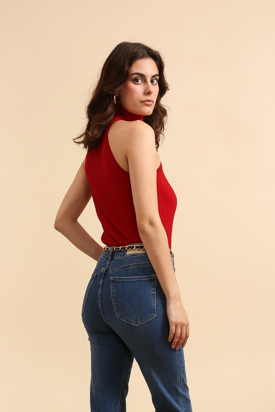 Top débardeur col roulé en maille côtelée