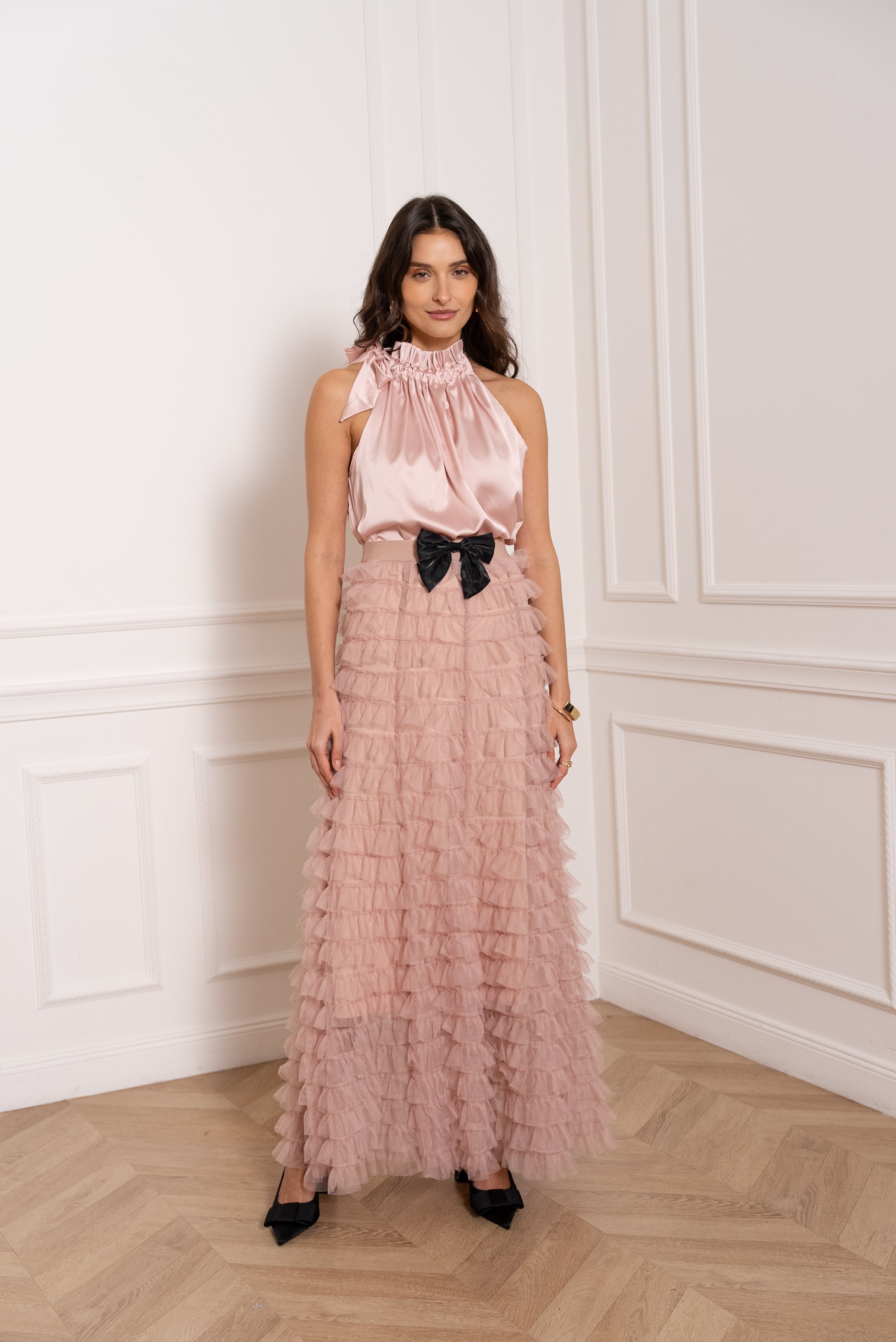 Long tulle skirt with gathers and ruffles