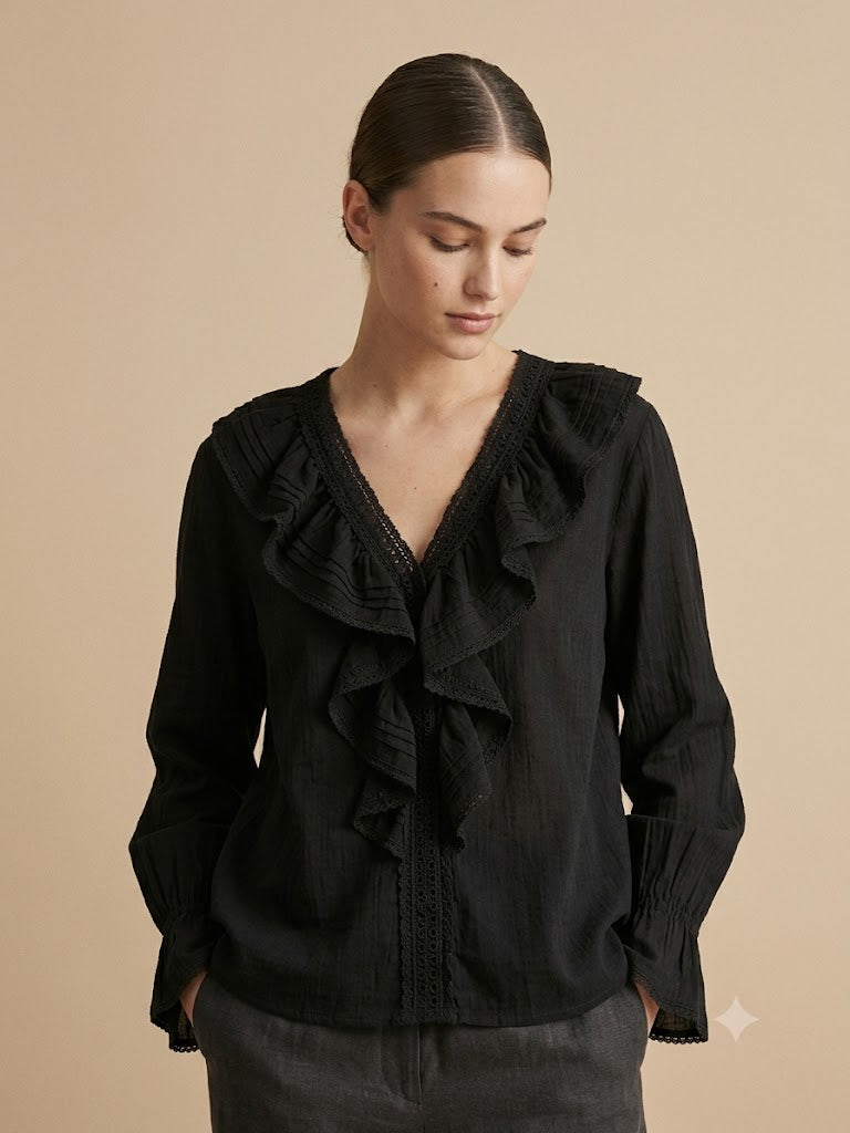 Bi-material velvet blouse &amp; lace sleeves 
