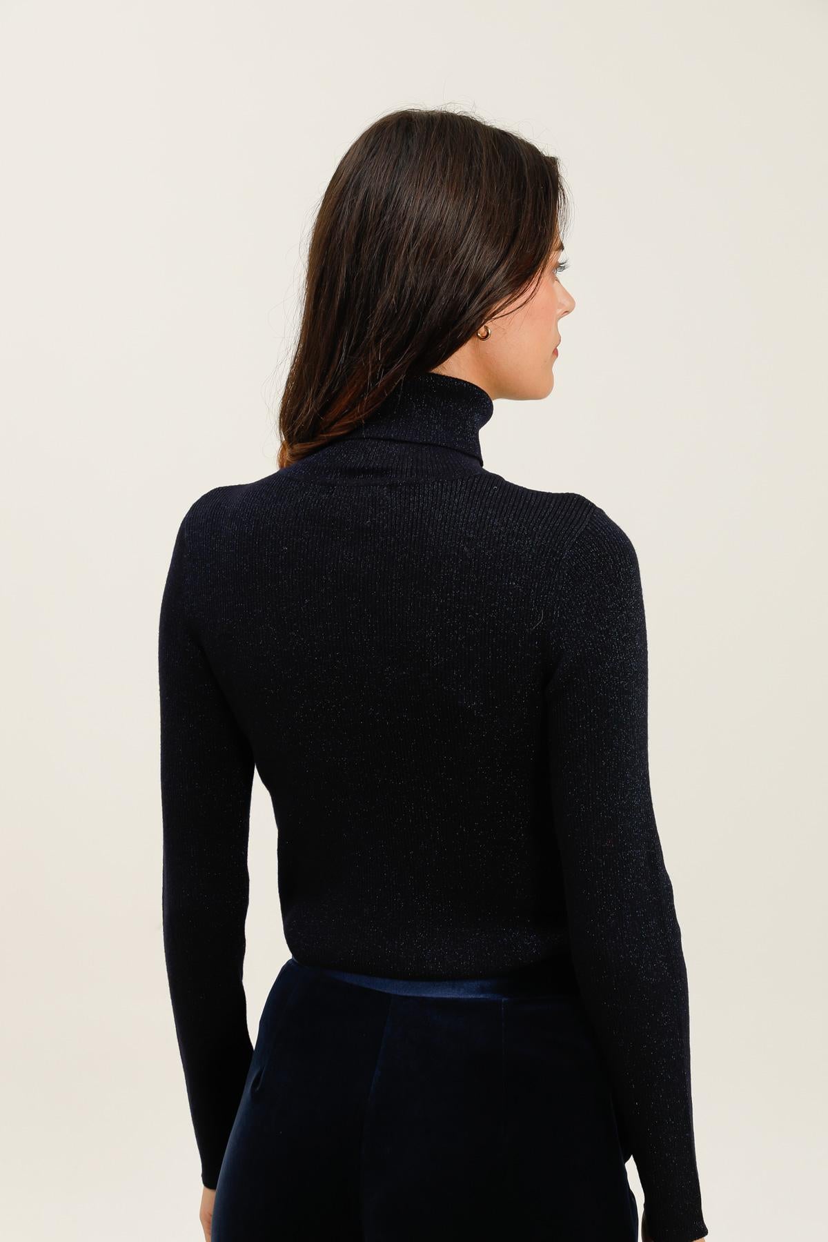 Pull col roulé côtelé en laine et lurex