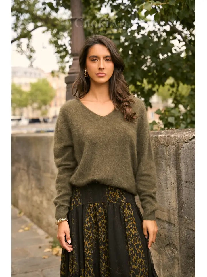 Pull cachemire & laine brossé col V