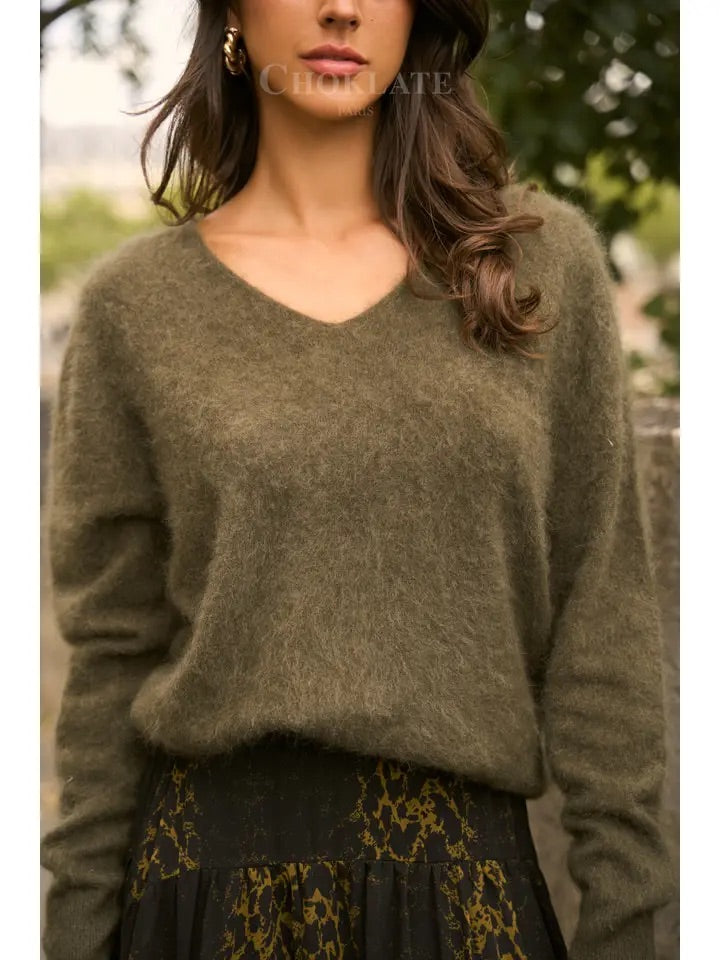 Pull cachemire & laine brossé col V