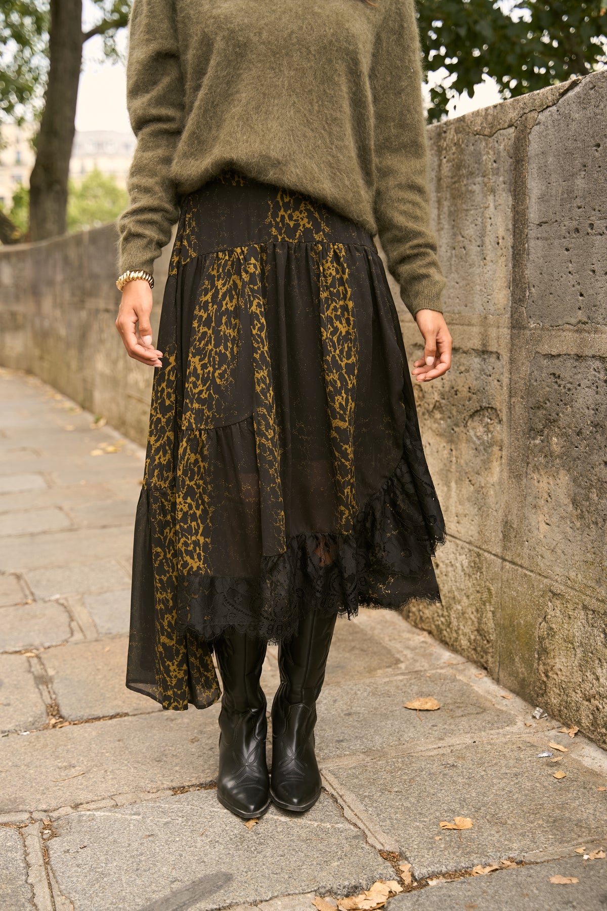 Jupe Megan léopard & dentelle asymétrique