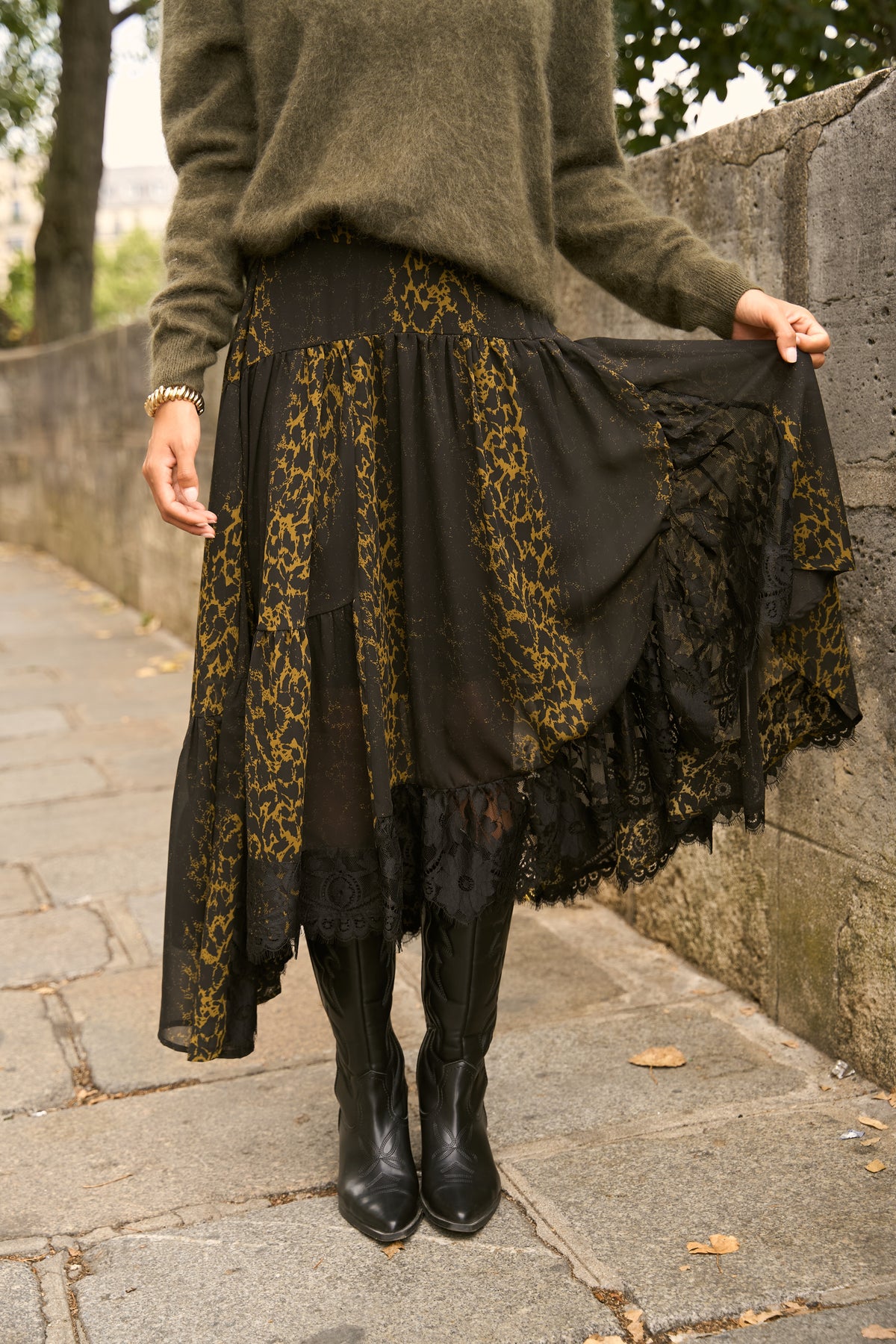 Jupe Megan léopard & dentelle asymétrique