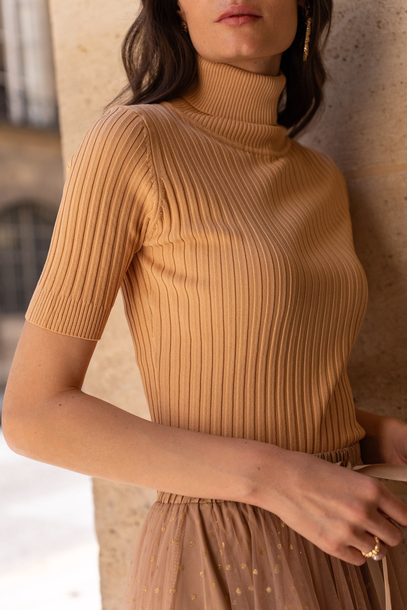 Top col roulé en maille côtelée