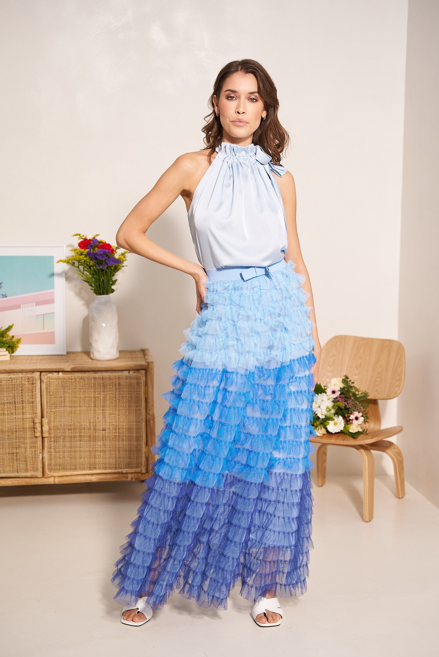 Long tulle skirt with gathers and ruffles