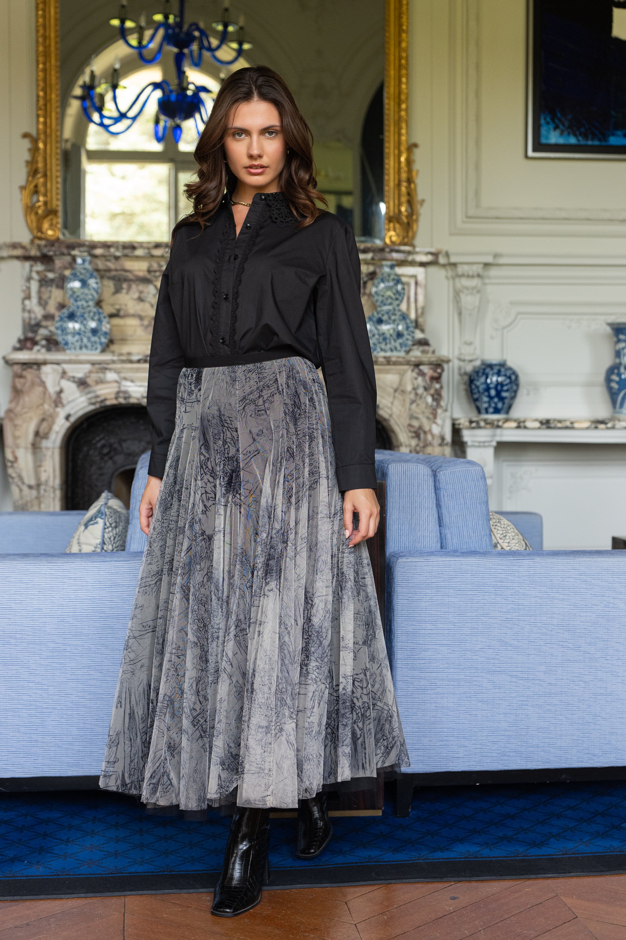 Jupe Ambre en tulle imprimé toile de Jouy