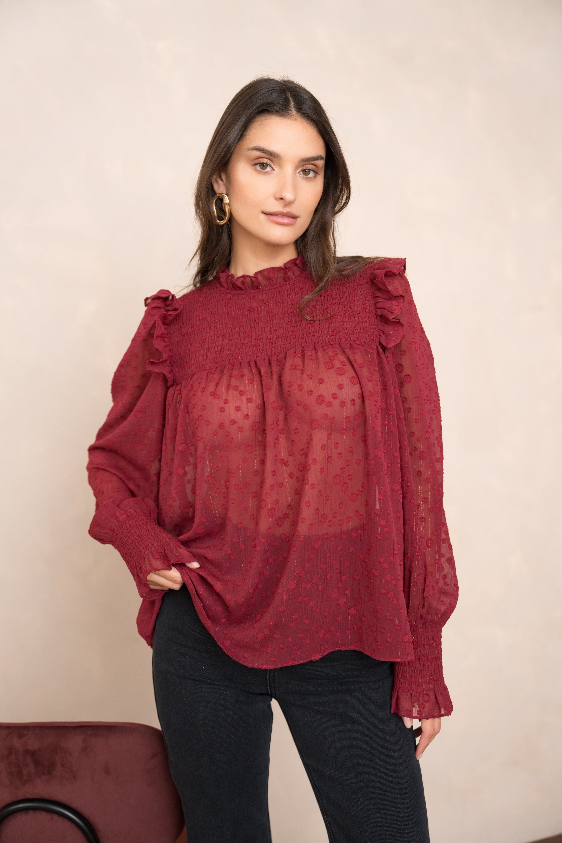 Blouse col et manches à volants