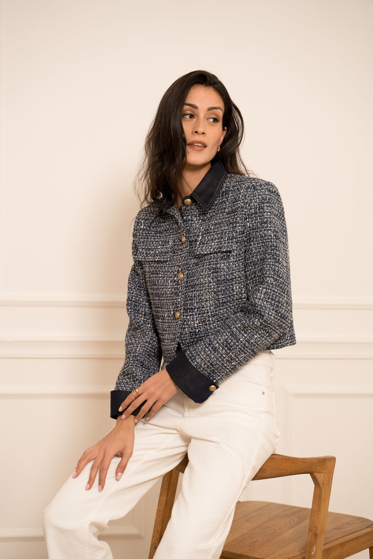 Veste Élise en tweed & denim ecru