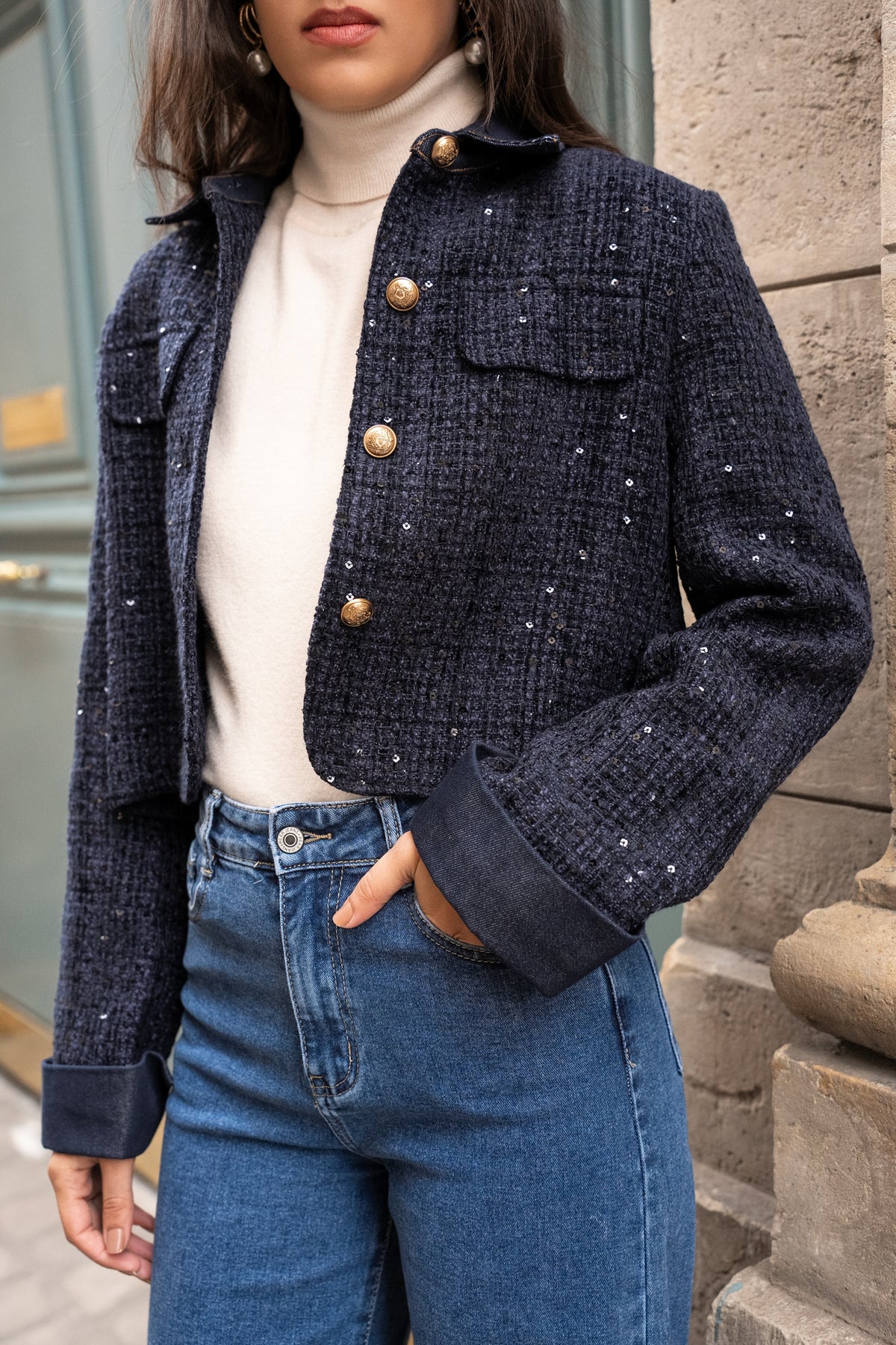 Veste Élise en tweed & denim ecru