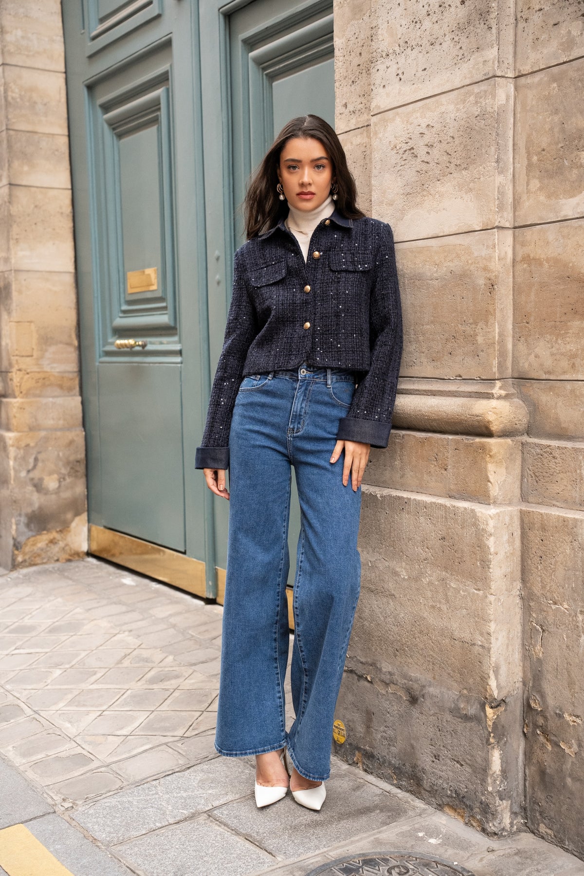 Veste Élise en tweed & denim ecru