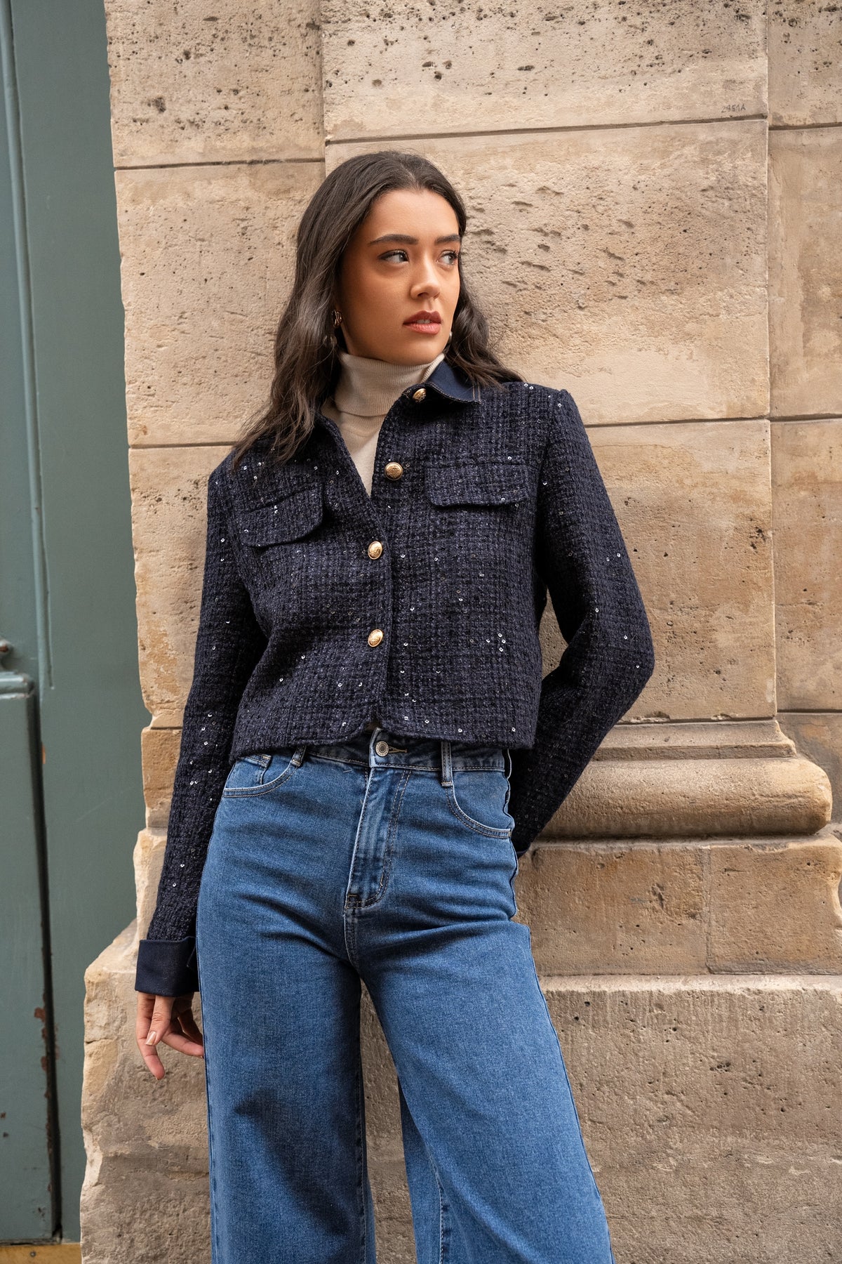 Veste Élise en tweed & denim ecru