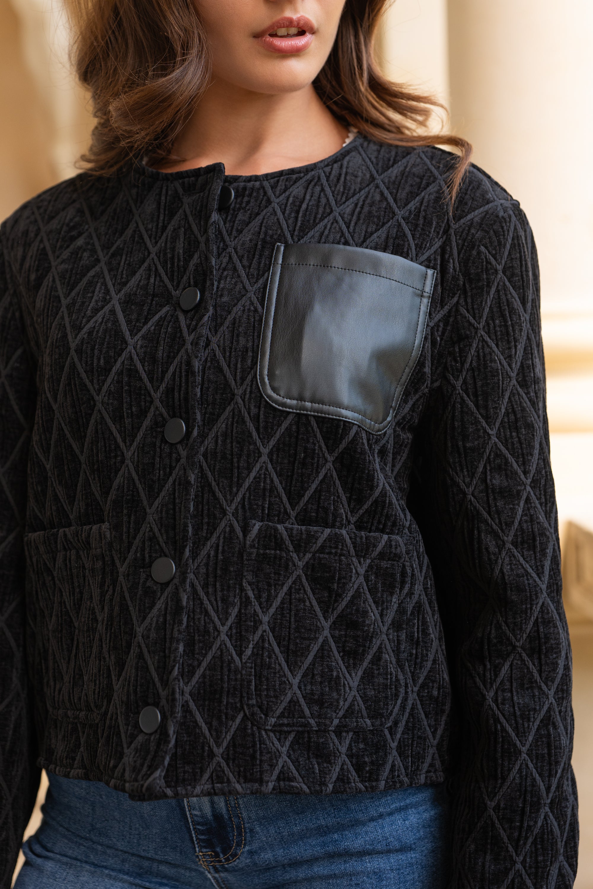 Veste Anouk en velours matelassé poche en cuir