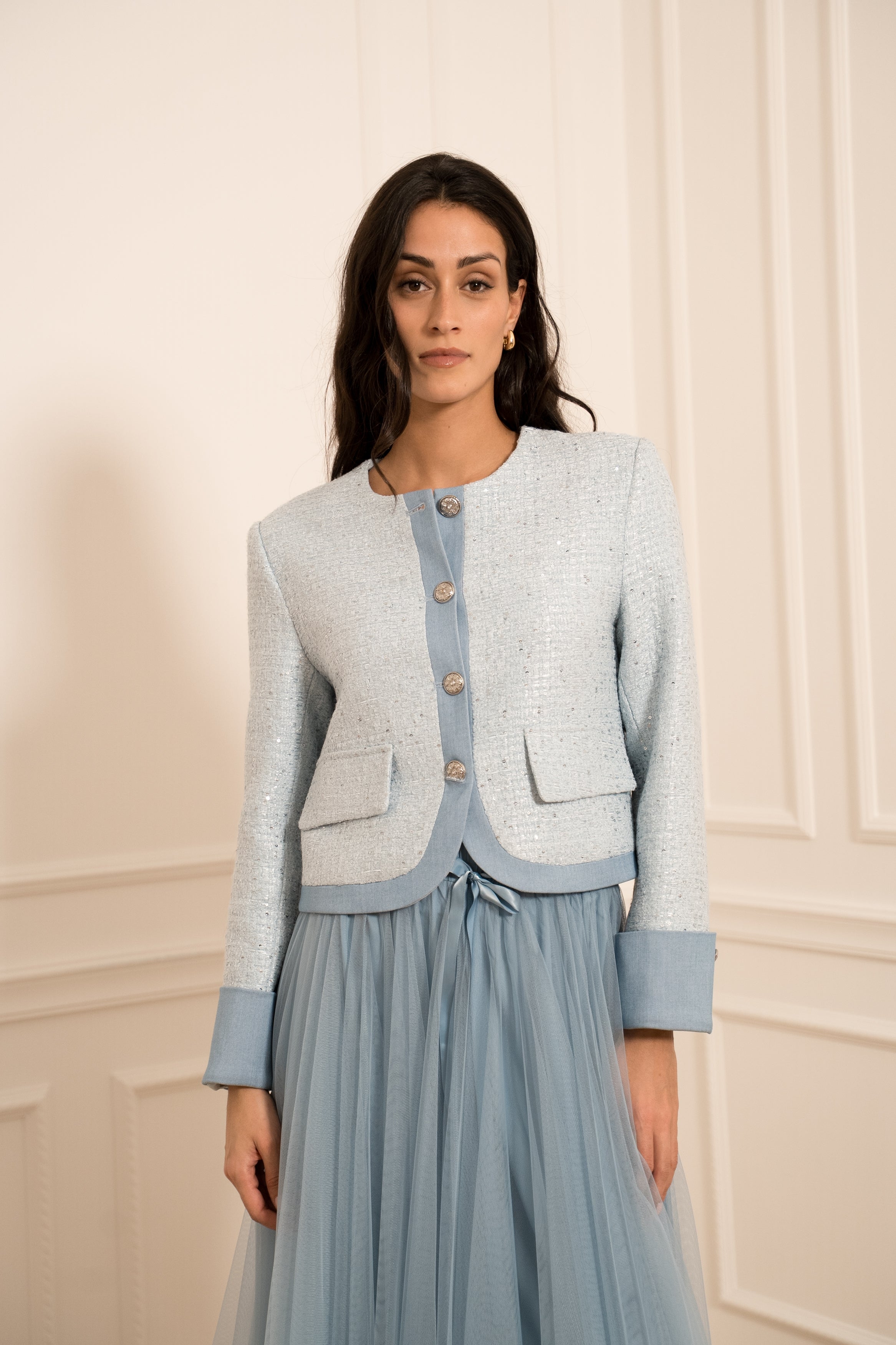 Veste col rond tweed & denim