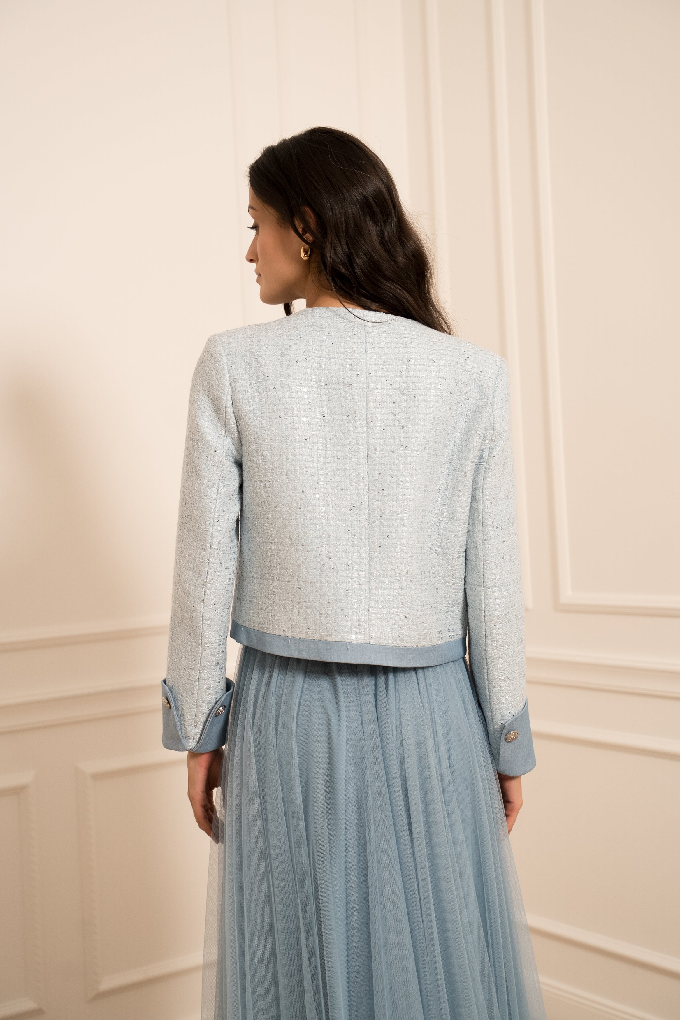 Veste col rond tweed & denim